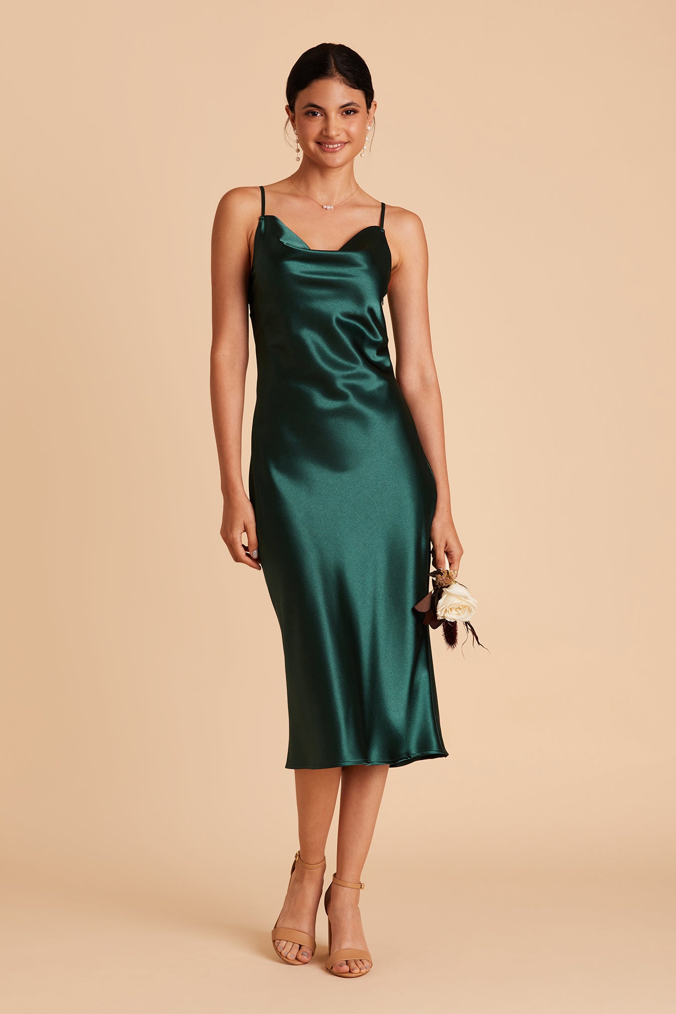 Lisa midi bridesmaid dress in emerald satin by Birdy Grey, front view