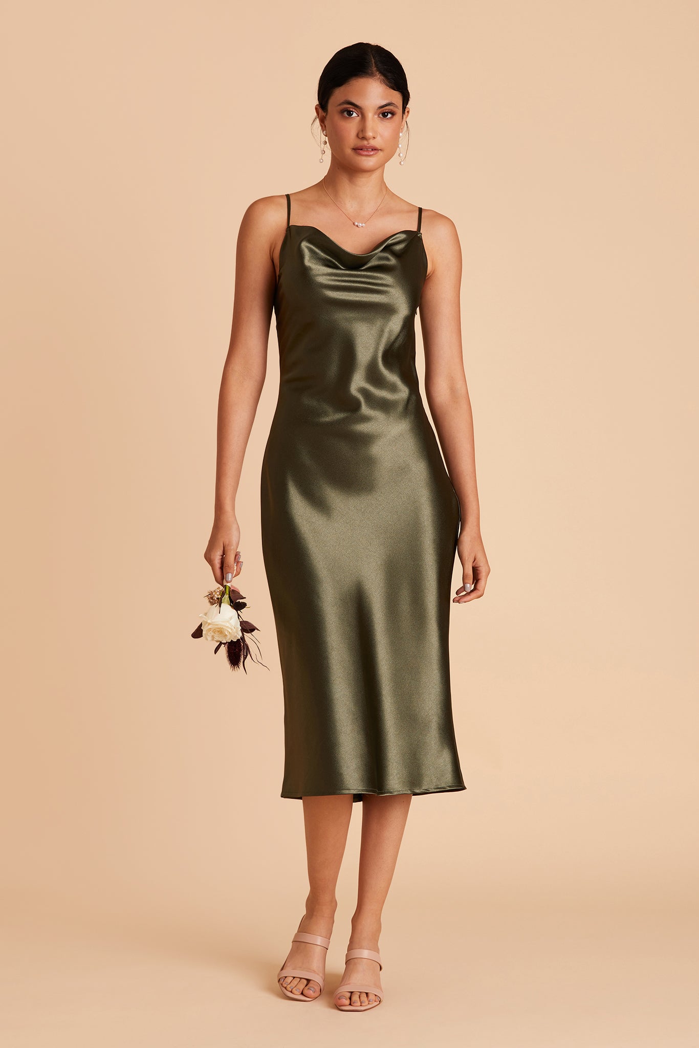 Lisa midi bridesmaid dress in olive satin by Birdy Grey, front view