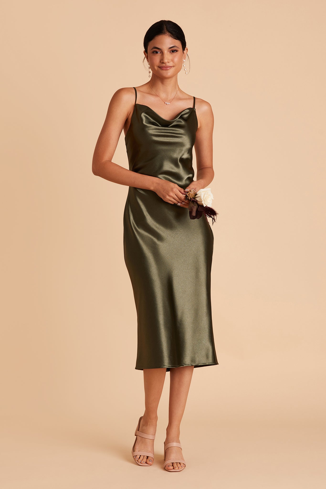 Lisa midi bridesmaid dress in olive satin by Birdy Grey, front view