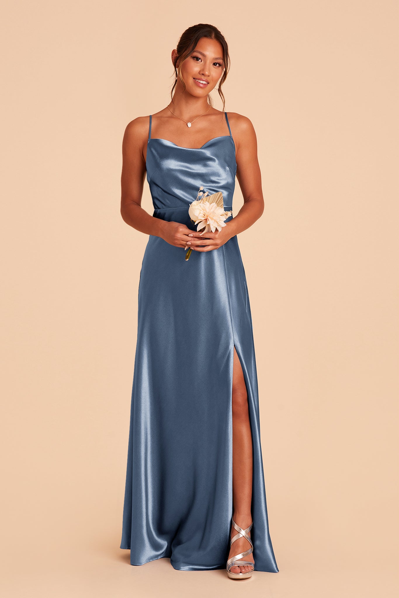 Lisa long bridesmaid dress with slit in twilight satin by Birdy Grey, front view