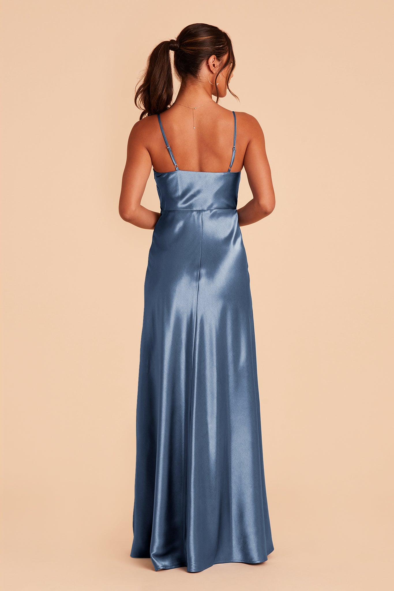 Lisa long bridesmaid dress with slit in twilight satin by Birdy Grey, back view