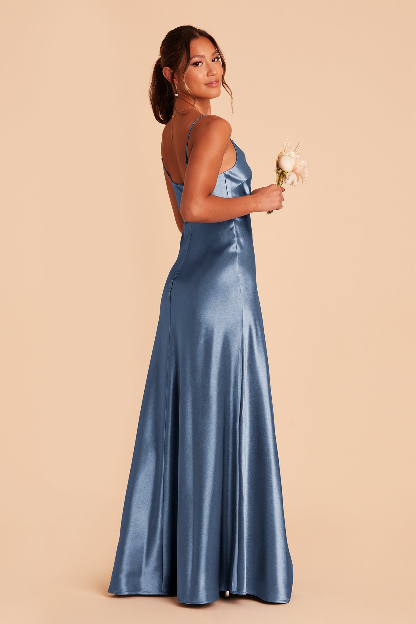 Lisa long bridesmaid dress with slit in twilight satin by Birdy Grey, front view