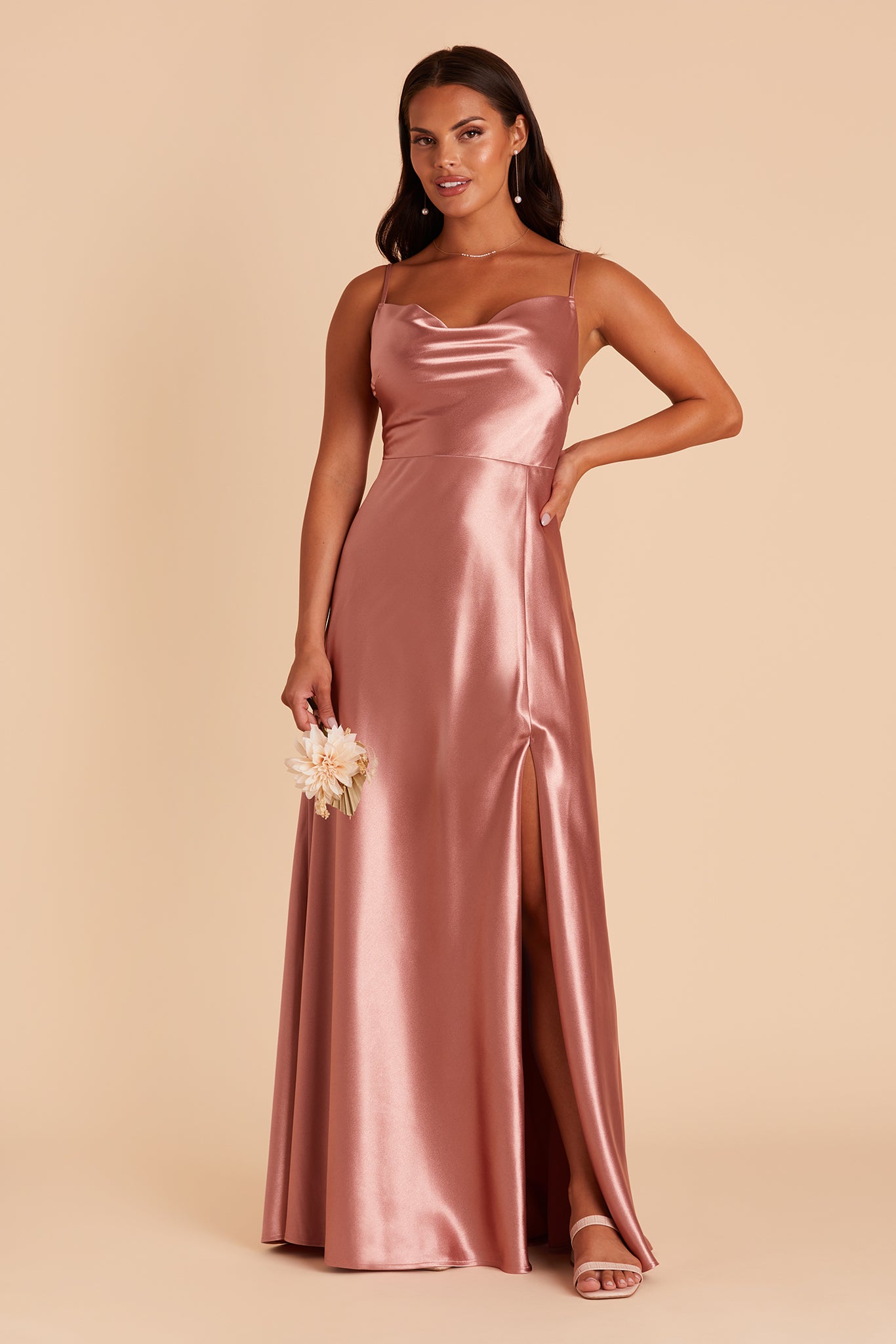 Lisa long bridesmaid dress with slit in Desert Rose satin by Birdy Grey, front view
