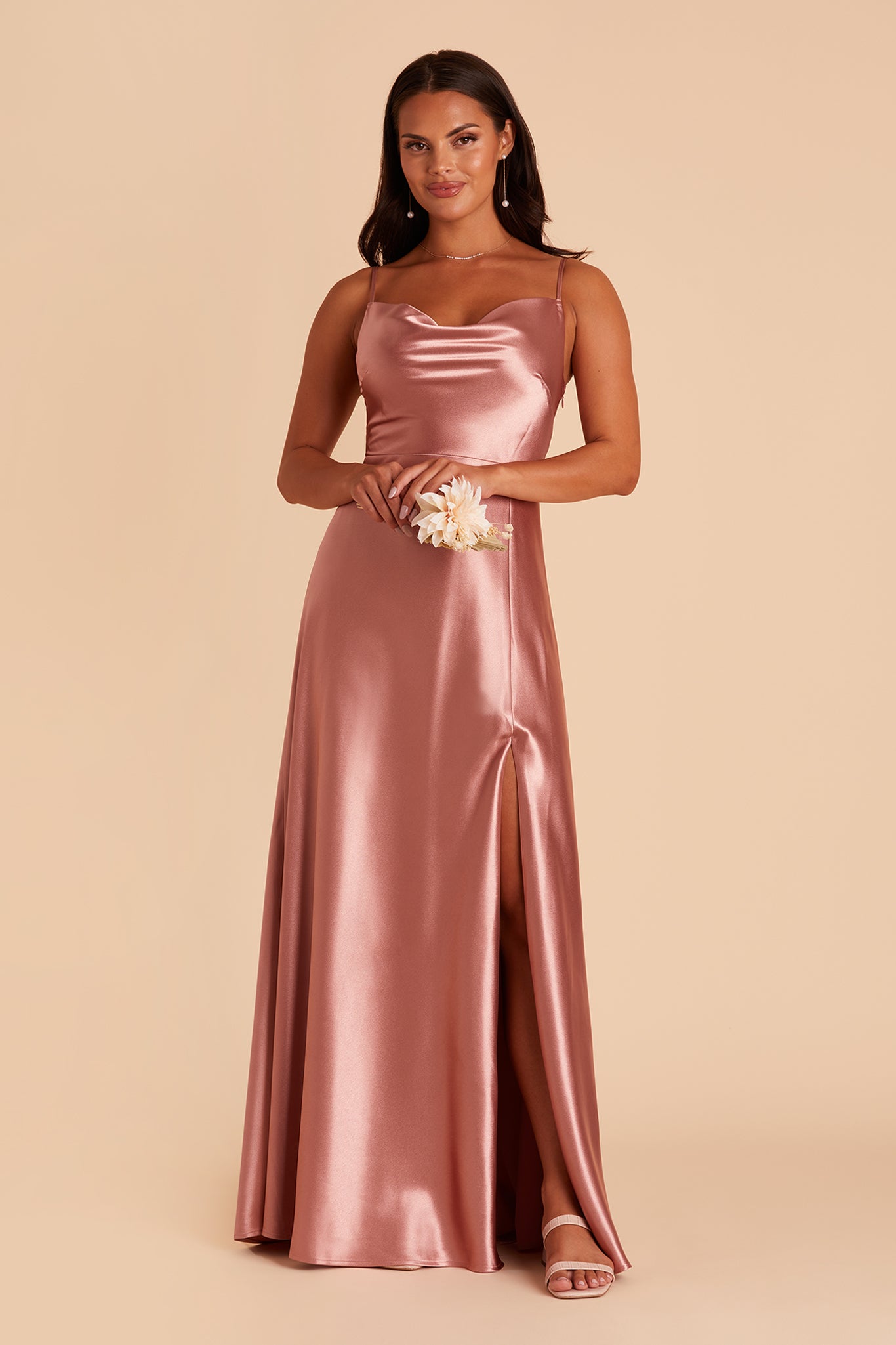 Lisa long bridesmaid dress with slit in Desert Rose satin by Birdy Grey, front view