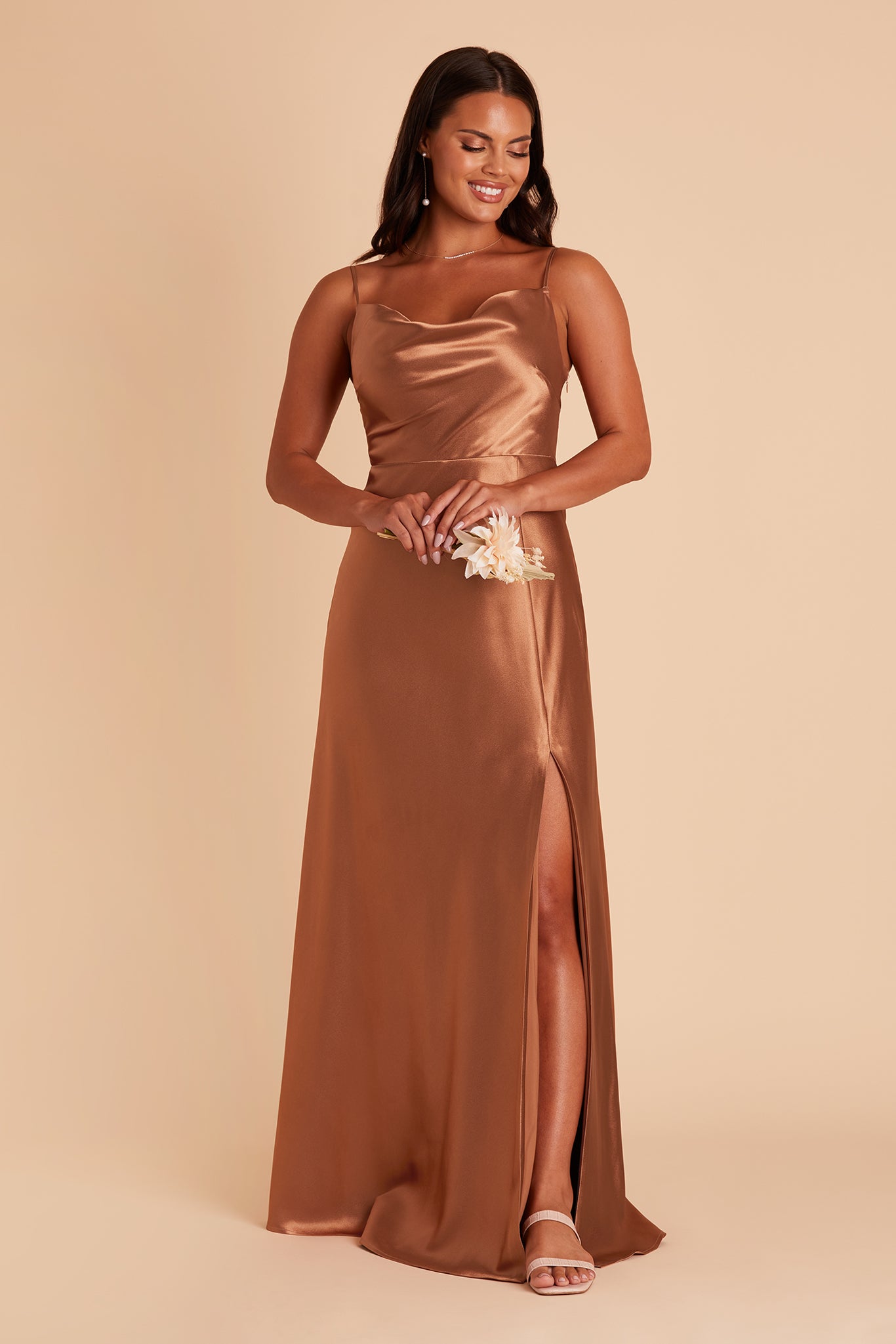Lisa long bridesmaid dress with slit in rust satin by Birdy Grey, front view