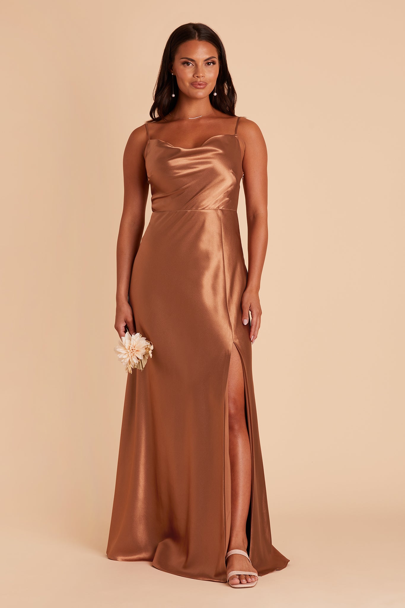 Lisa long bridesmaid dress with slit in rust satin by Birdy Grey, front view