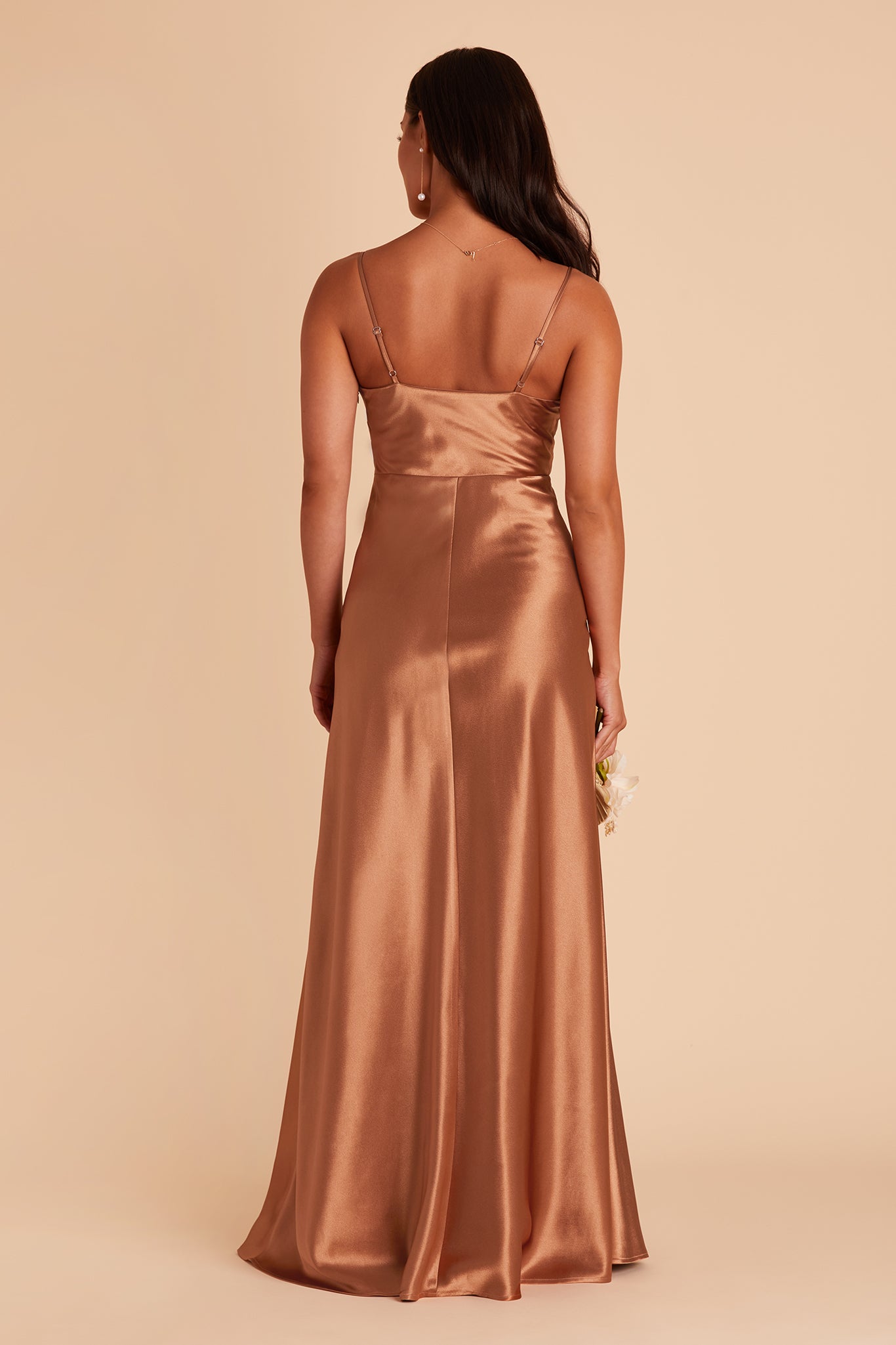 Lisa long bridesmaid dress with slit in rust satin by Birdy Grey, back view