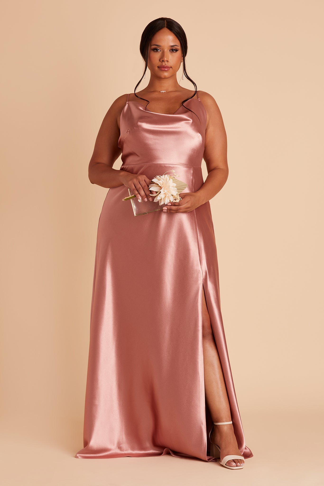 Lisa long plus size bridesmaid dress with slit in desert rose satin by Birdy Grey, front view