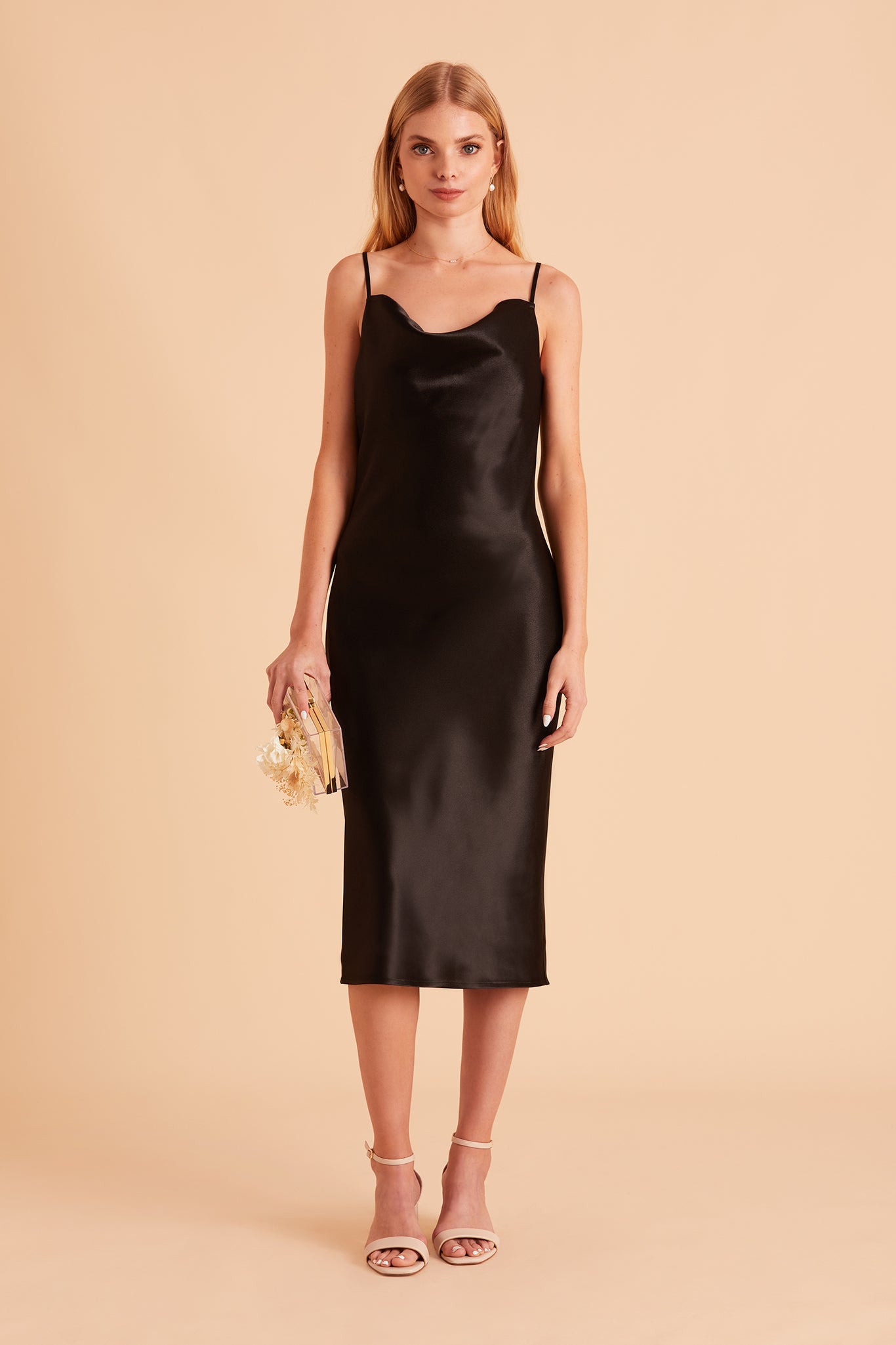 Lisa midi bridesmaid dress in black satin by Birdy Grey, front view