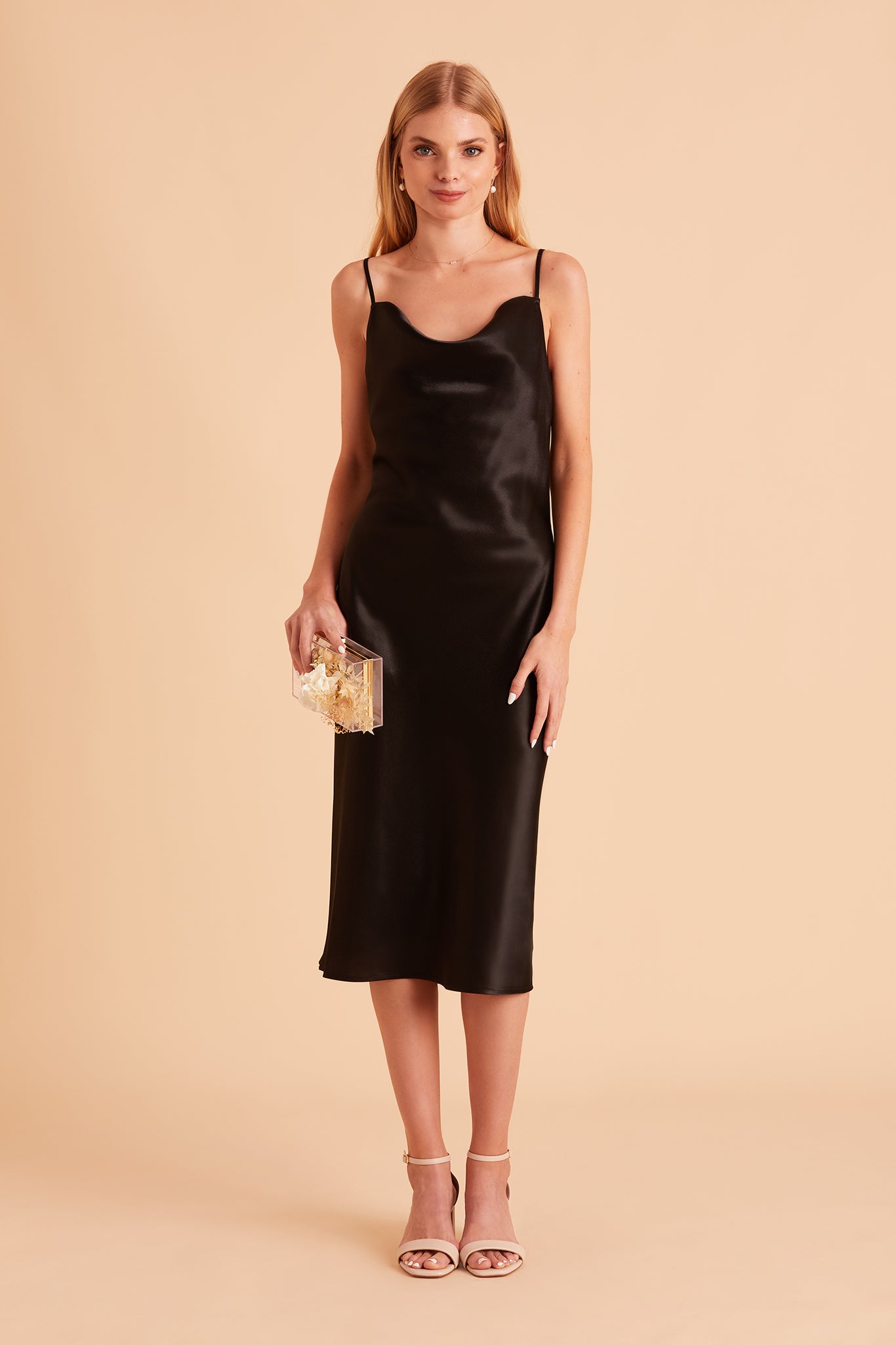 Lisa Shiny Satin Midi Dress - Black