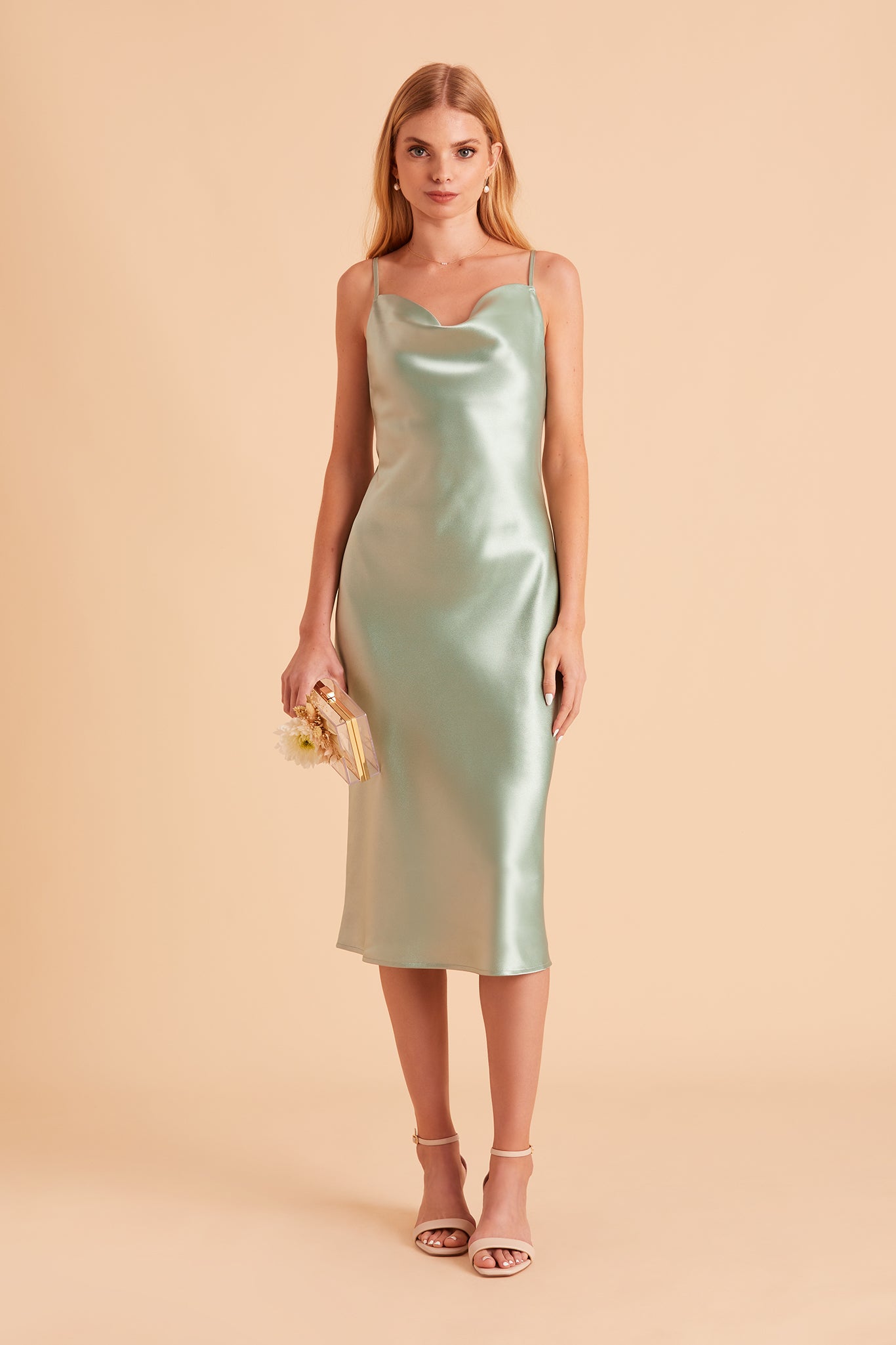 Lisa midi bridesmaid dress in sage green satin by Birdy Grey, front view