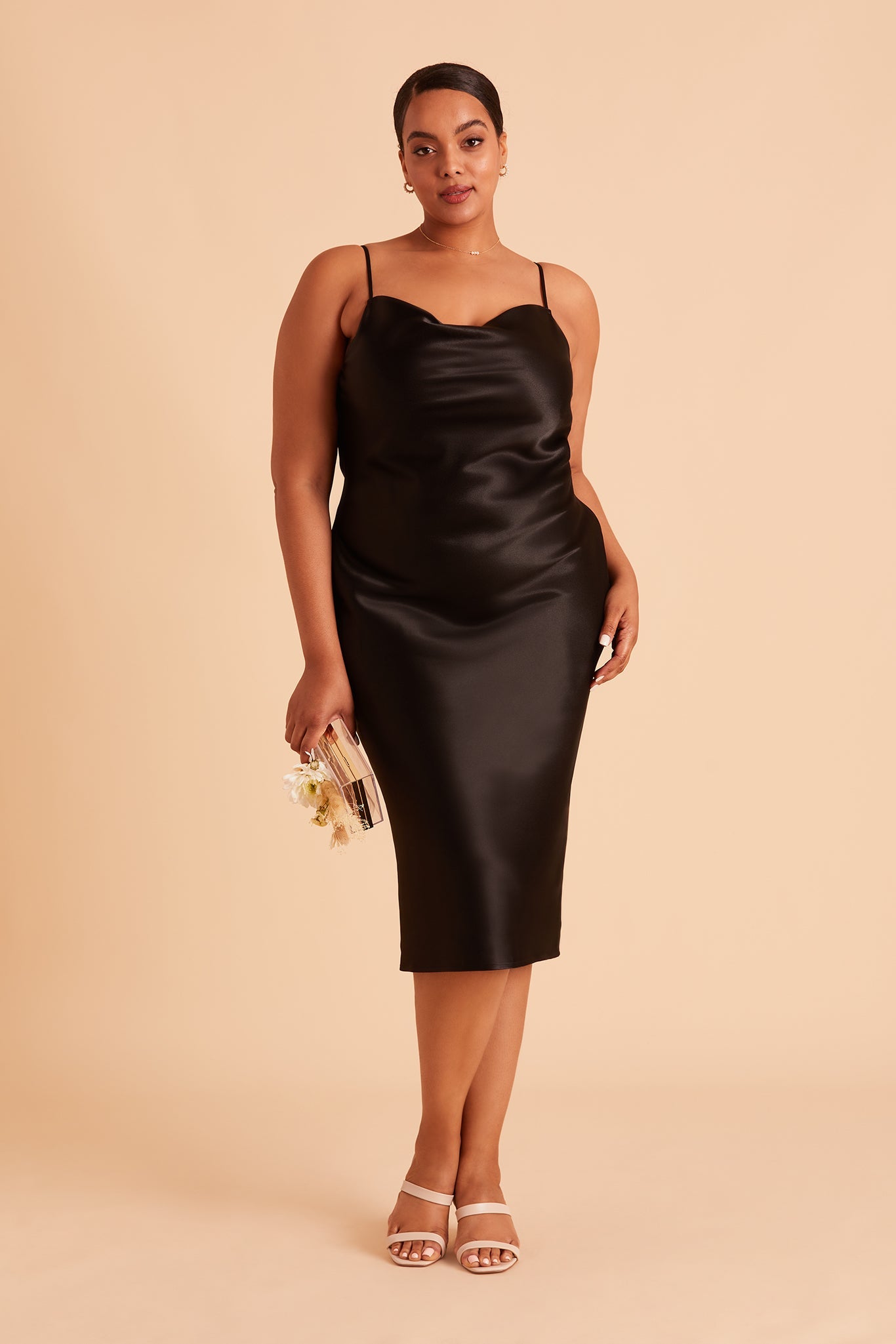 Lisa midi plus size bridesmaid dress in black satin by Birdy Grey, front view