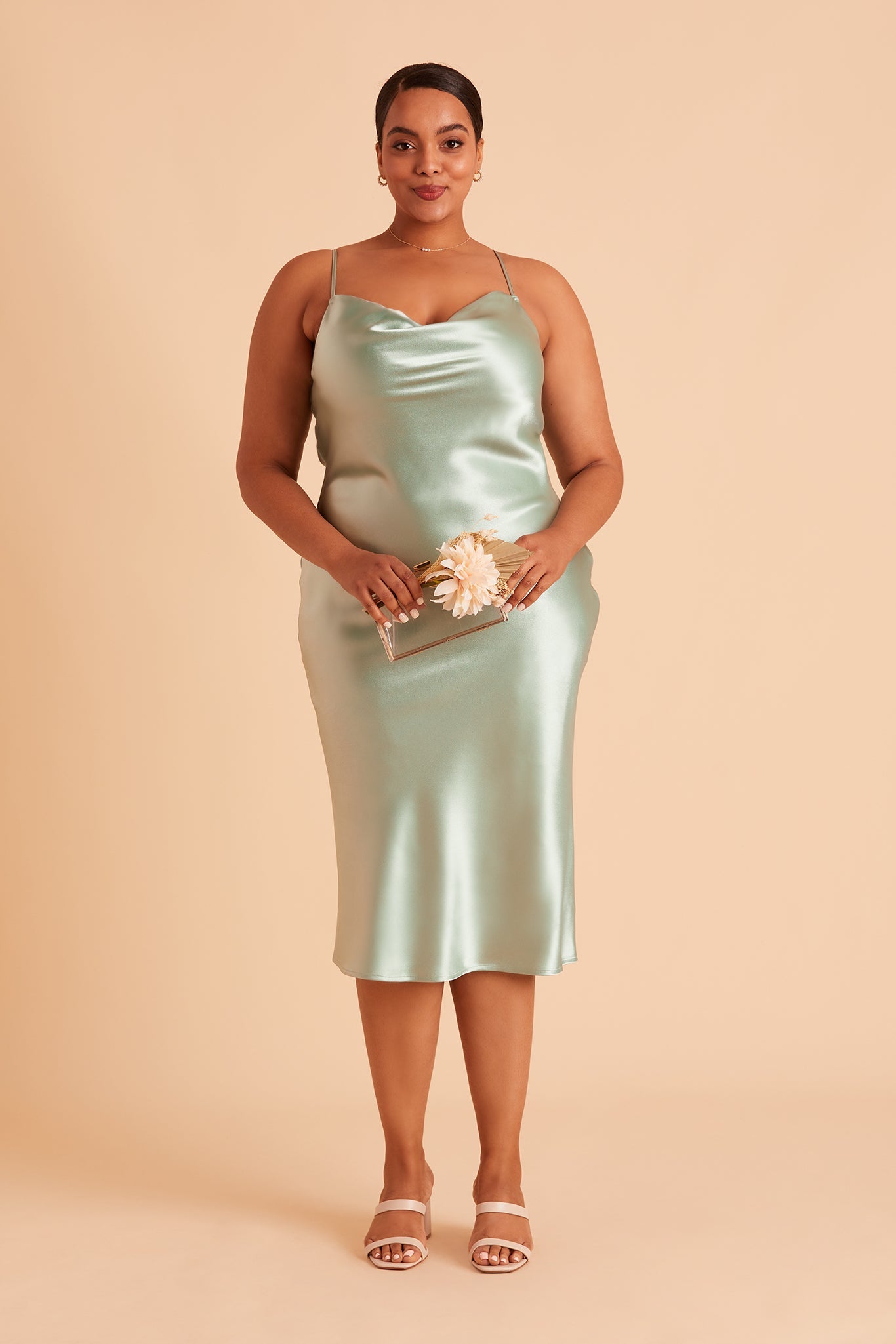 Lisa midi plus size bridesmaid dress in sage green satin by Birdy Grey, front view