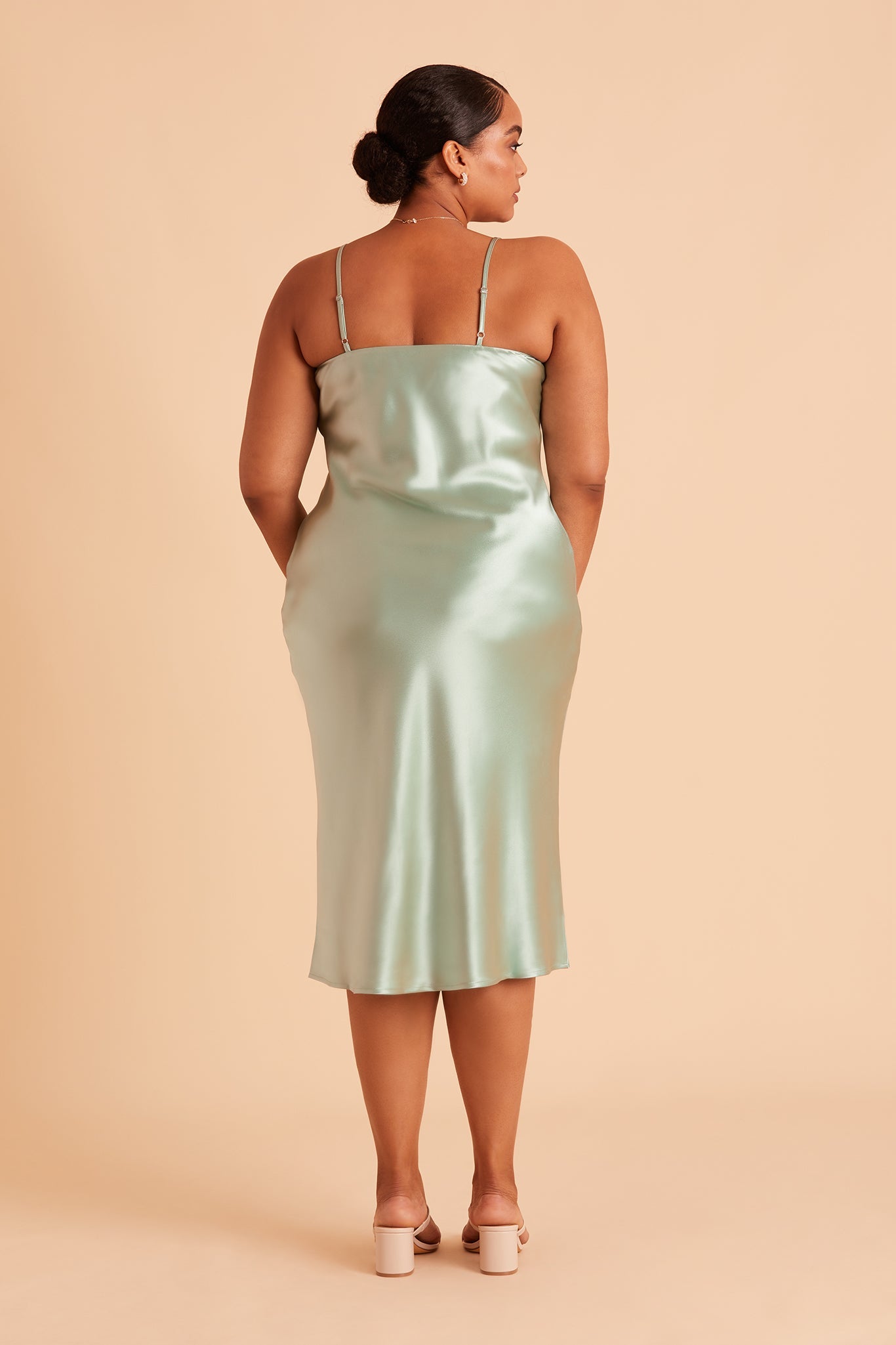 Lisa midi plus size bridesmaid dress in sage green satin by Birdy Grey, back view