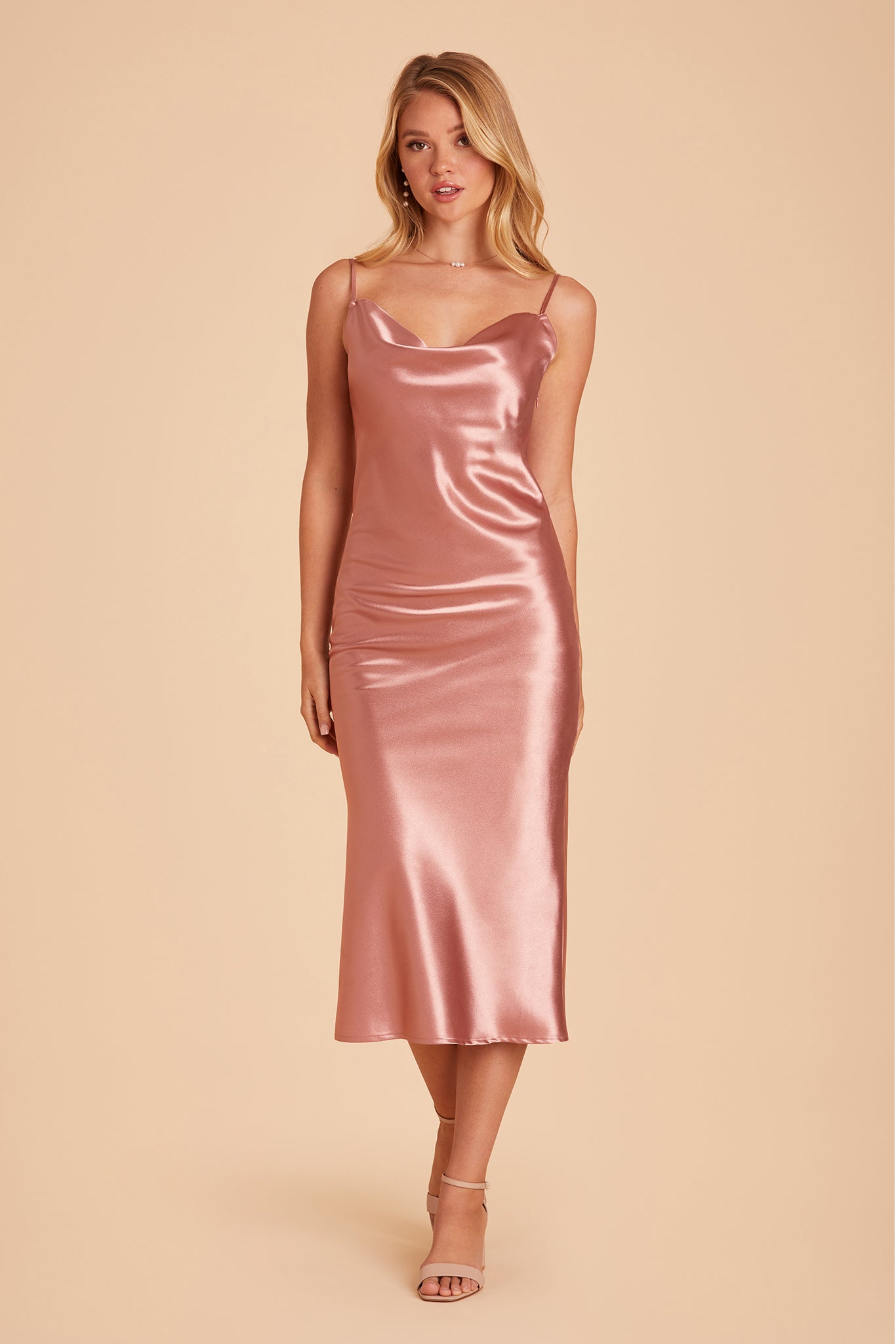 Lisa midi bridesmaid dress in desert rose satin by Birdy Grey, front view