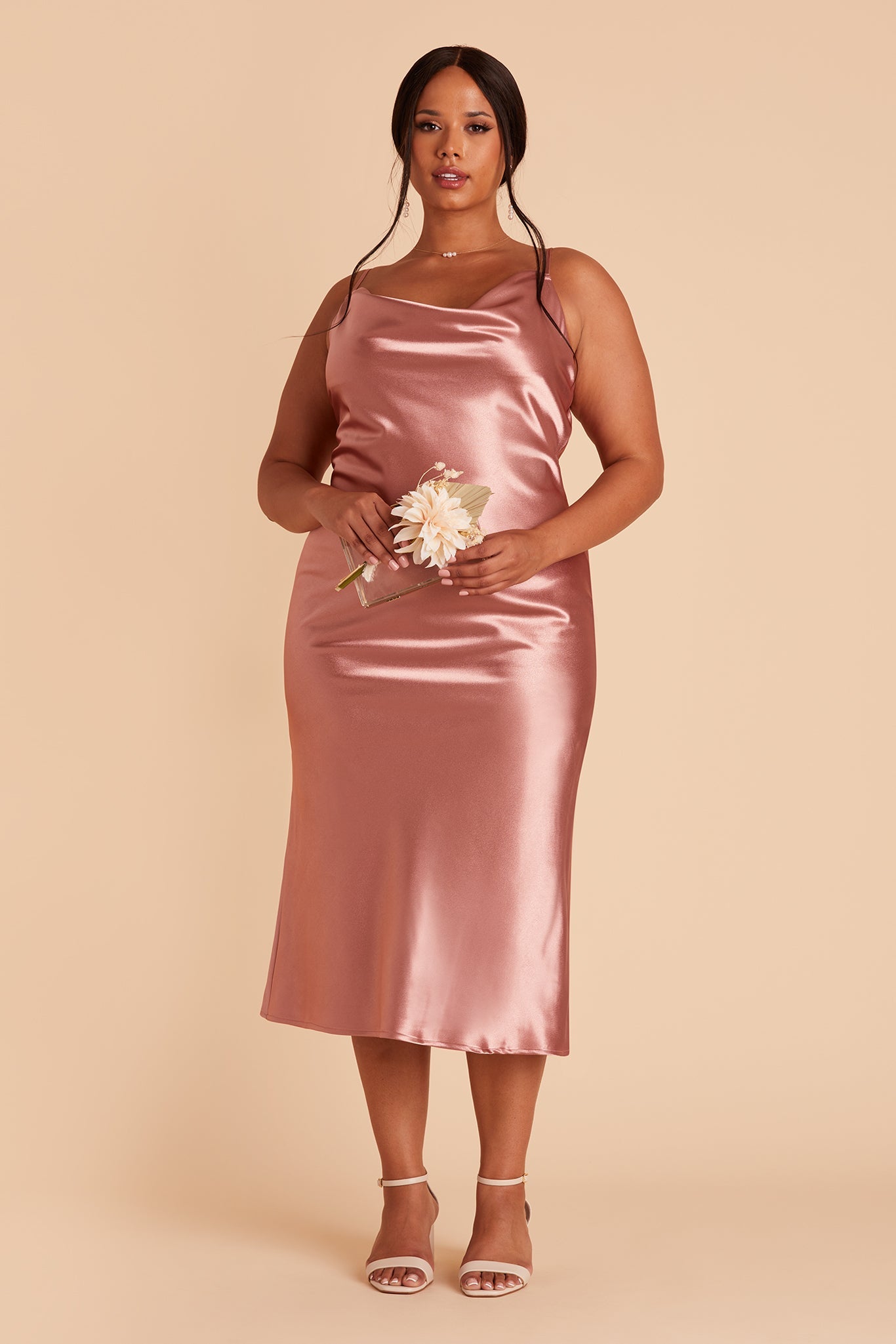Lisa midi plus size bridesmaid dress in desert rose satin by Birdy Grey, front view