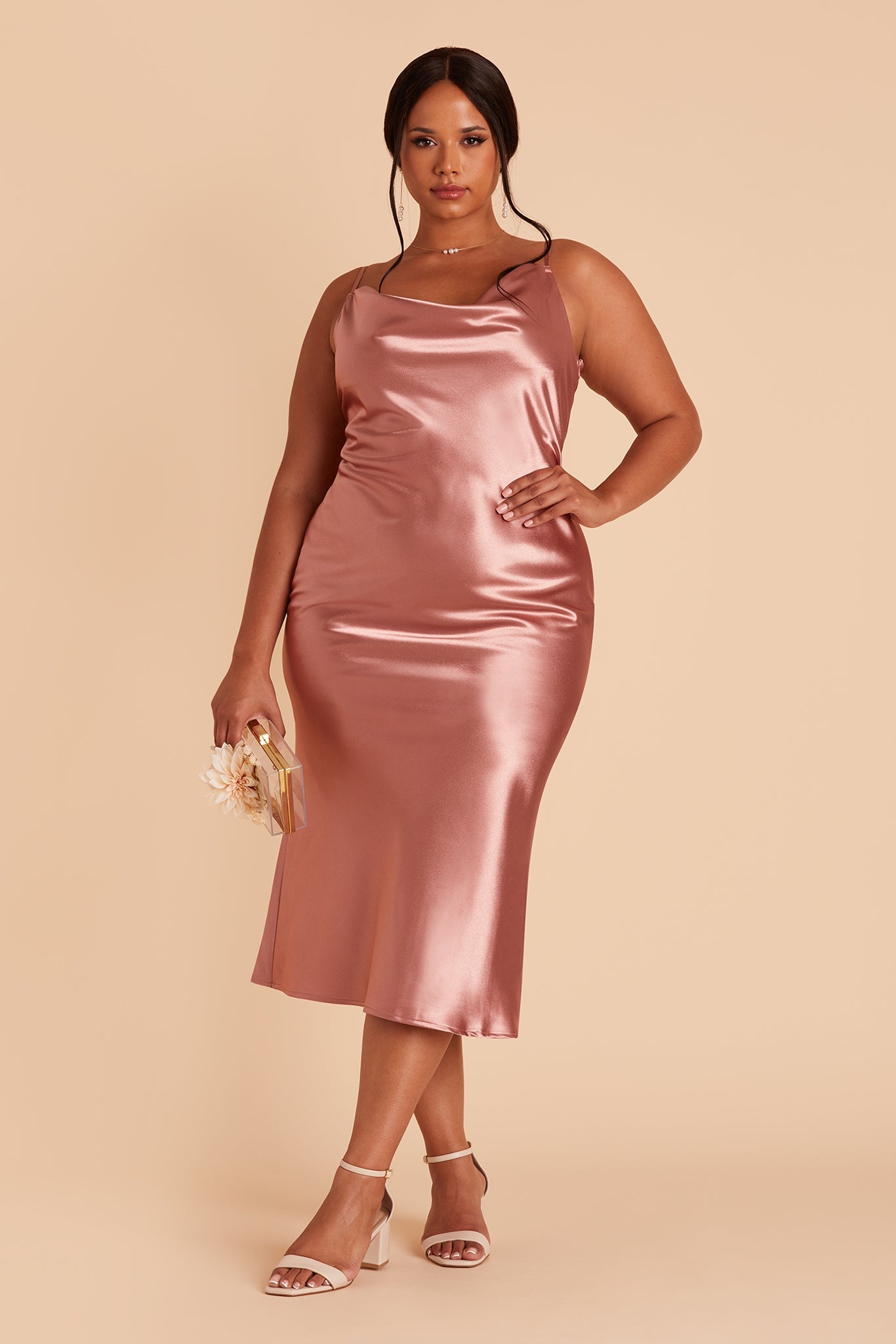 Lisa midi plus size bridesmaid dress in desert rose satin by Birdy Grey, front view