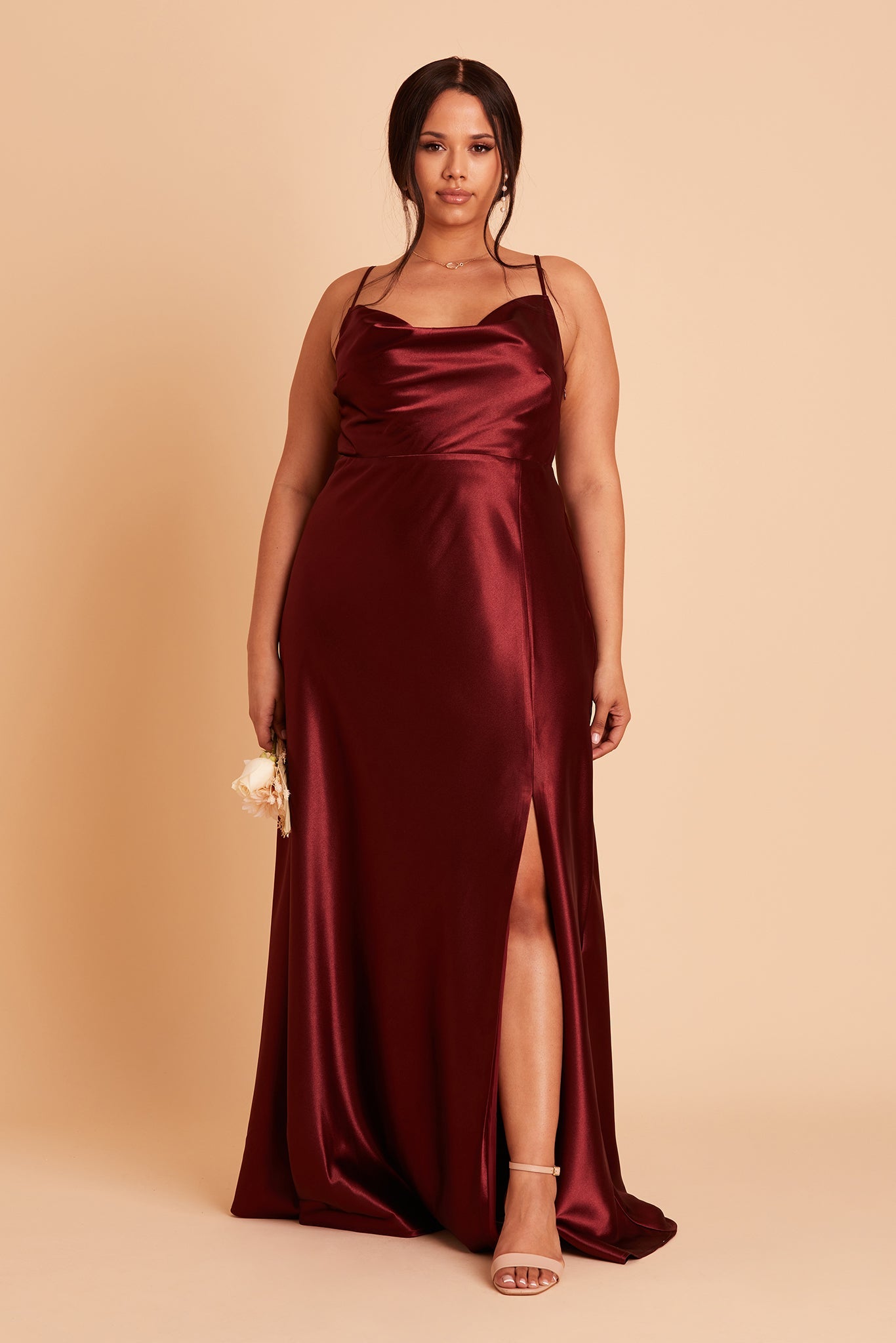 Lisa plus size bridesmaid dress with slit in cabernet satin by Birdy Grey, front view