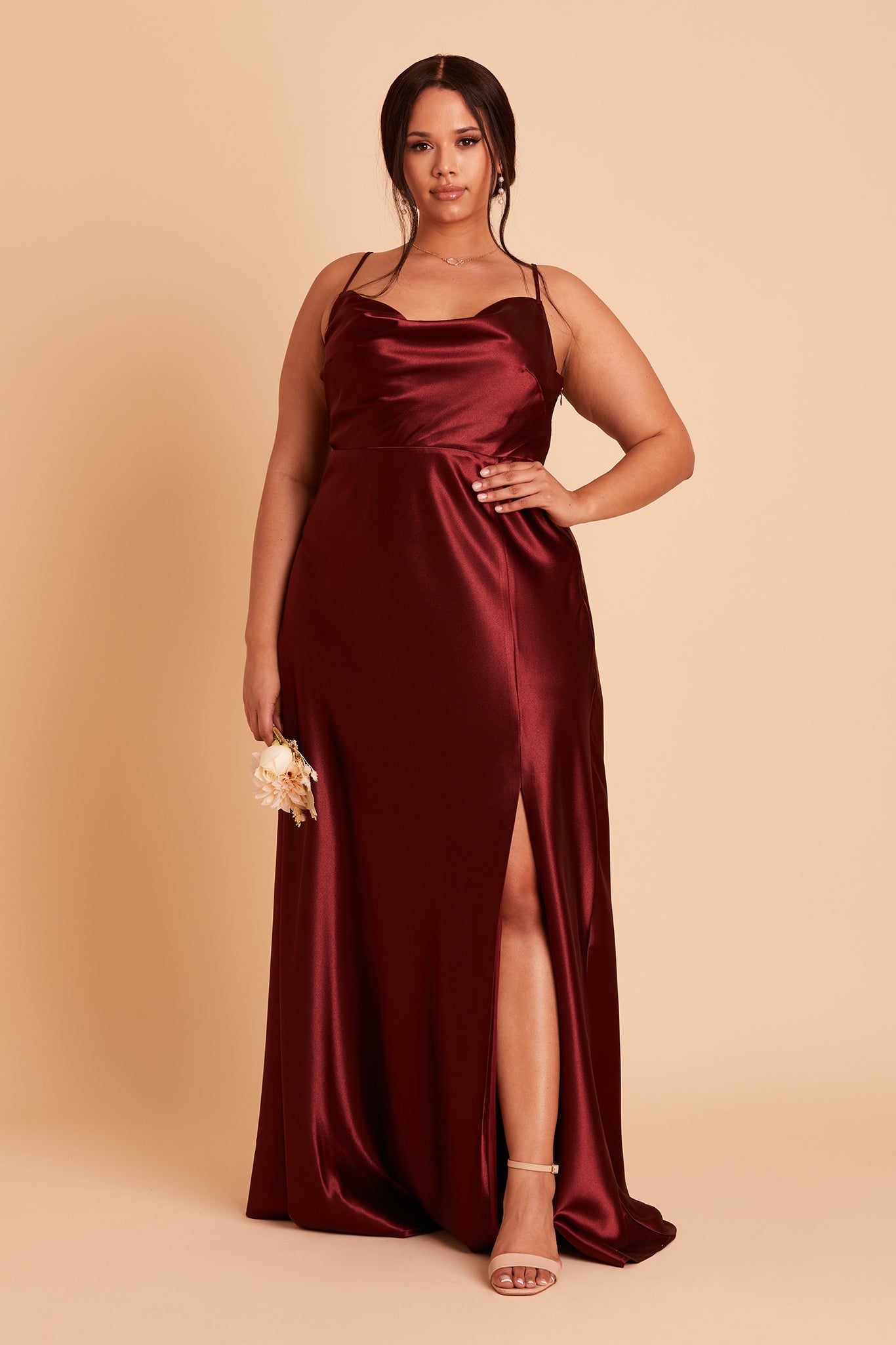 Lisa plus size bridesmaid dress with slit in cabernet satin by Birdy Grey, front view