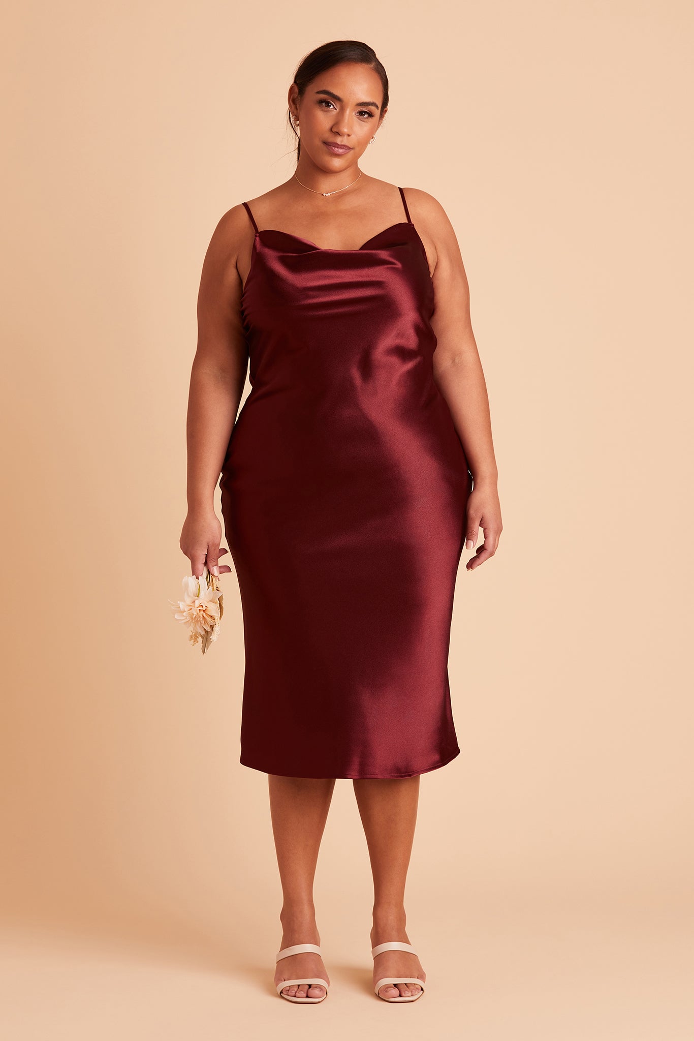 Lisa midi plus size bridesmaid dress in cabernet satin by Birdy Grey, front view