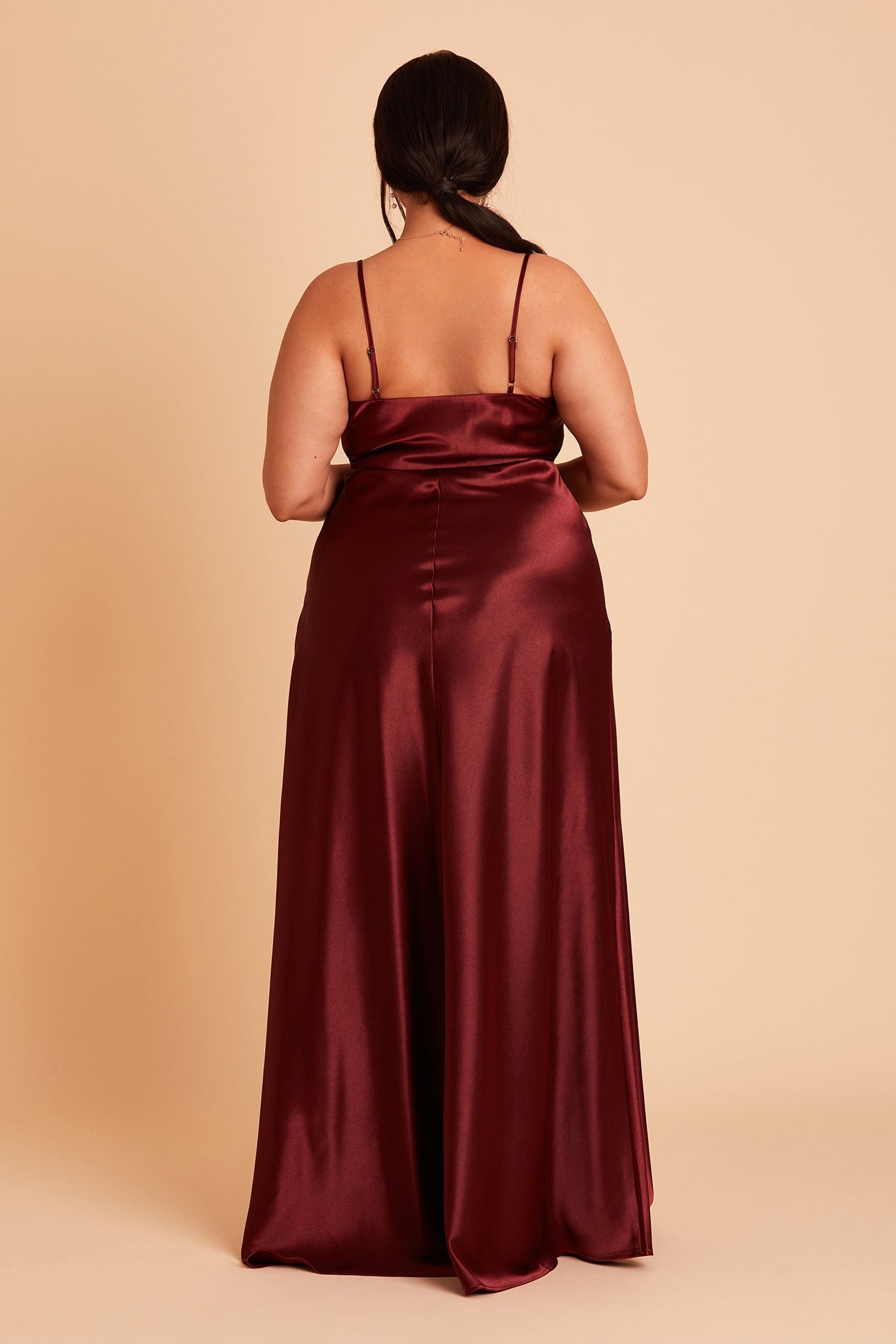 Lisa plus size bridesmaid dress with slit in cabernet satin by Birdy Grey, back view