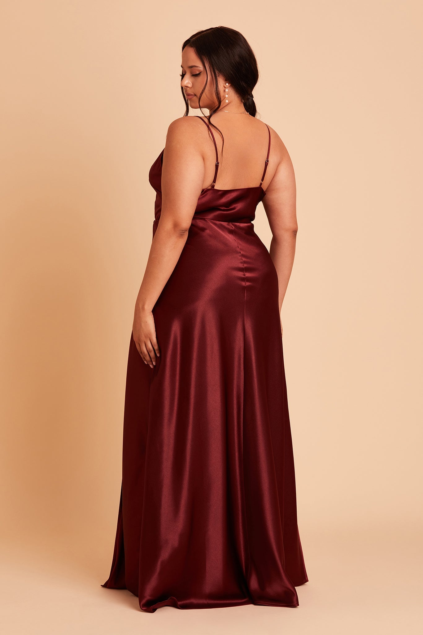 Lisa plus size bridesmaid dress with slit in cabernet satin by Birdy Grey, side view