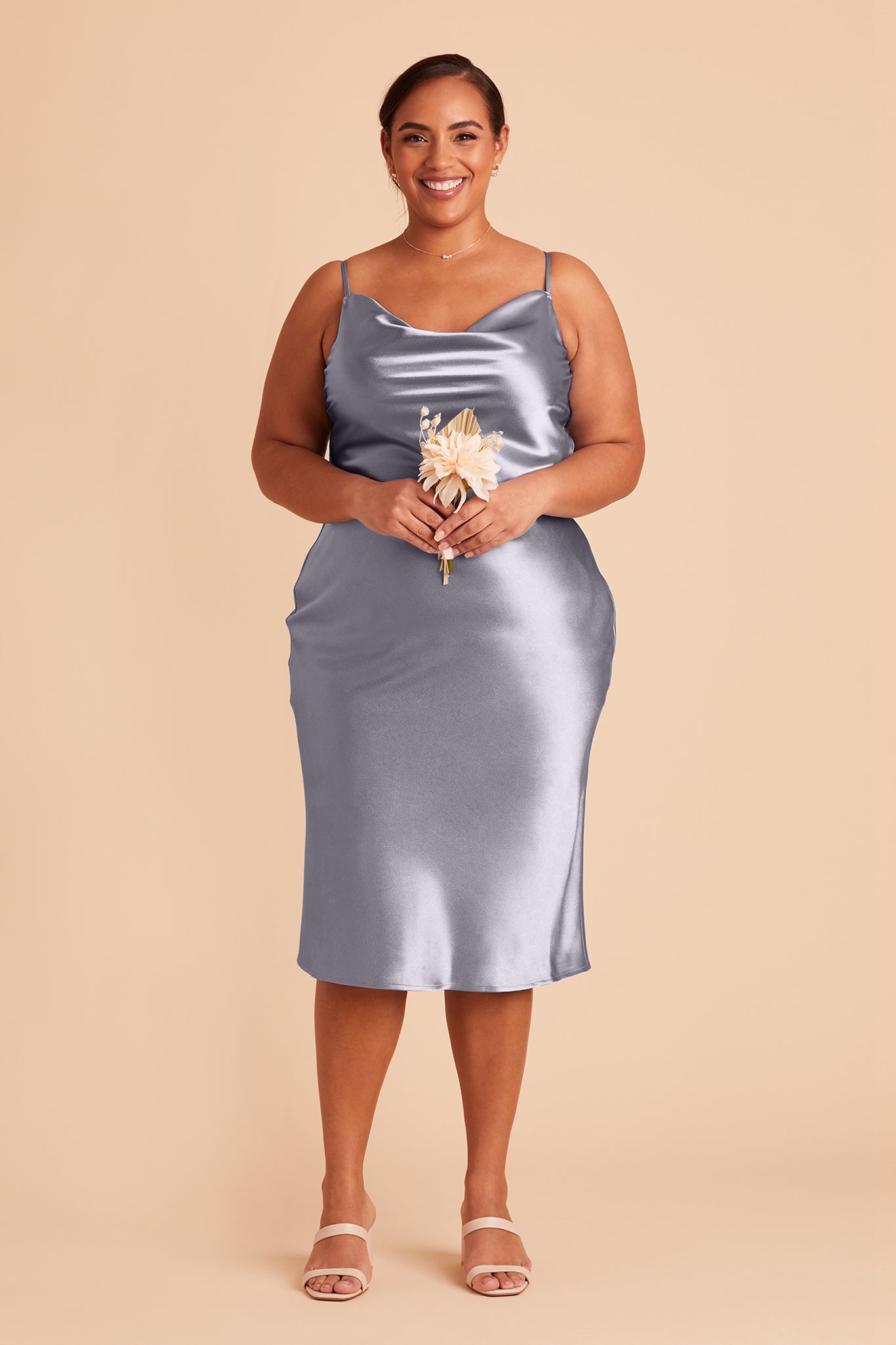 Lisa midi plus size bridesmaid dress in dusty blue satin by Birdy Grey, front view