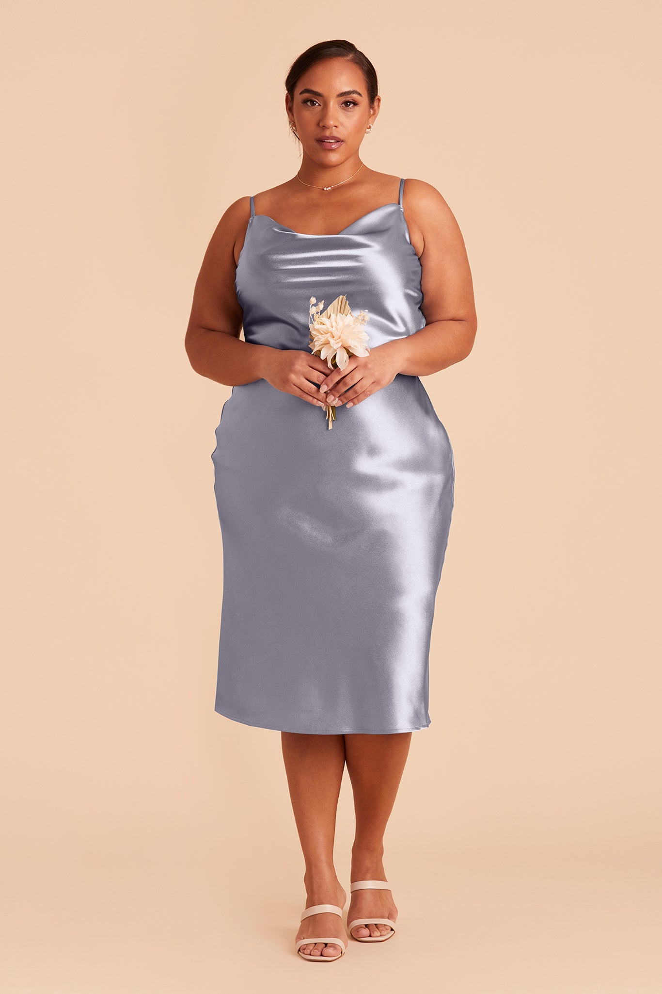 Lisa midi plus size bridesmaid dress in dusty blue satin by Birdy Grey, front view