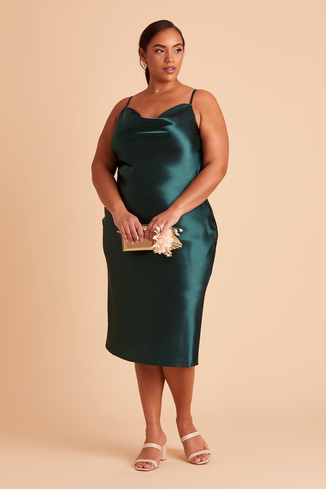 Lisa midi plus size bridesmaid dress in emerald satin by Birdy Grey, front view