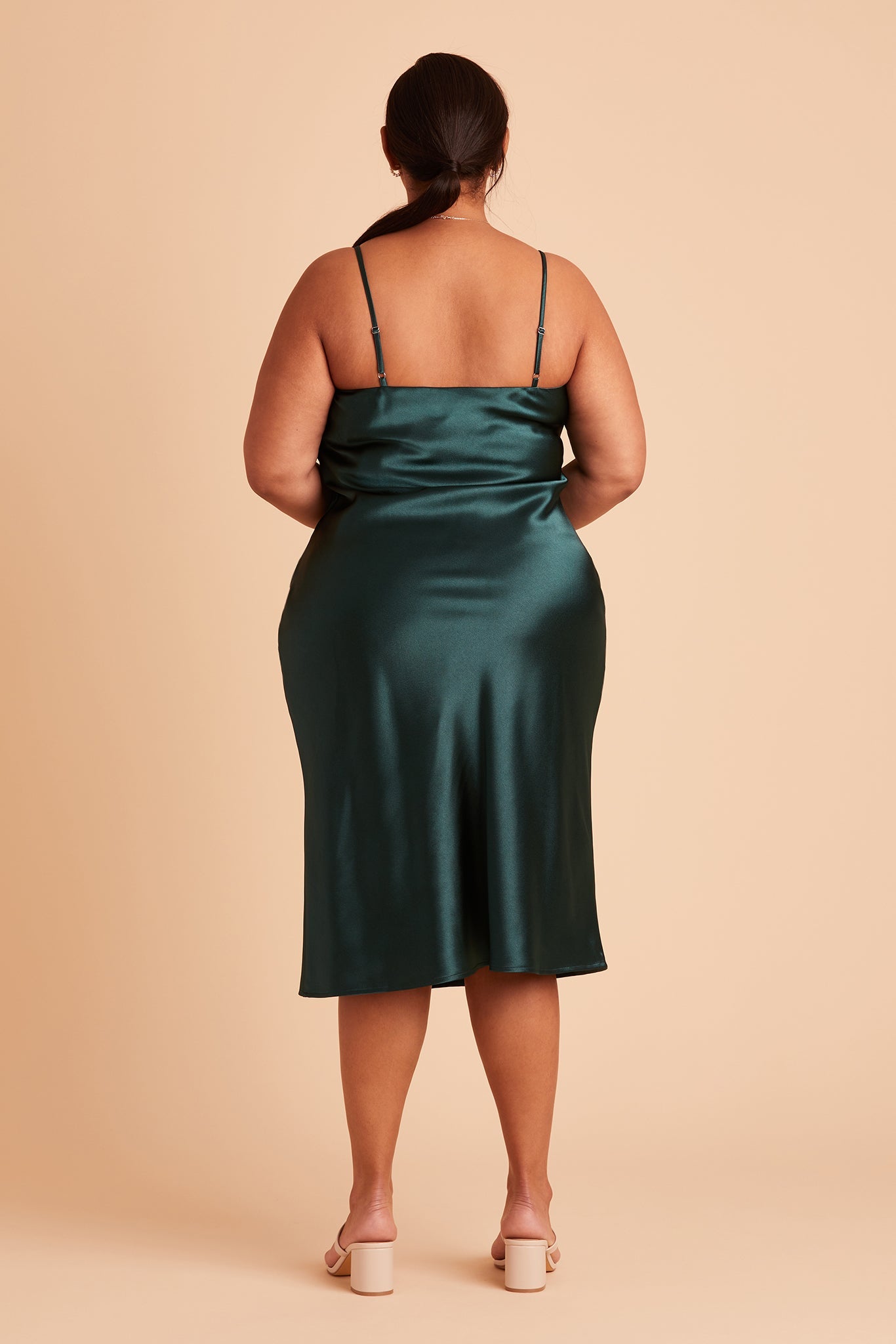 Lisa midi plus size bridesmaid dress in emerald satin by Birdy Grey, back view
