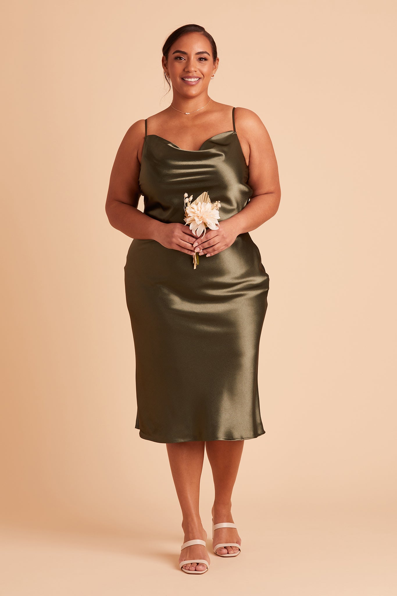 Lisa midi plus size bridesmaid dress in olive satin by Birdy Grey, front view