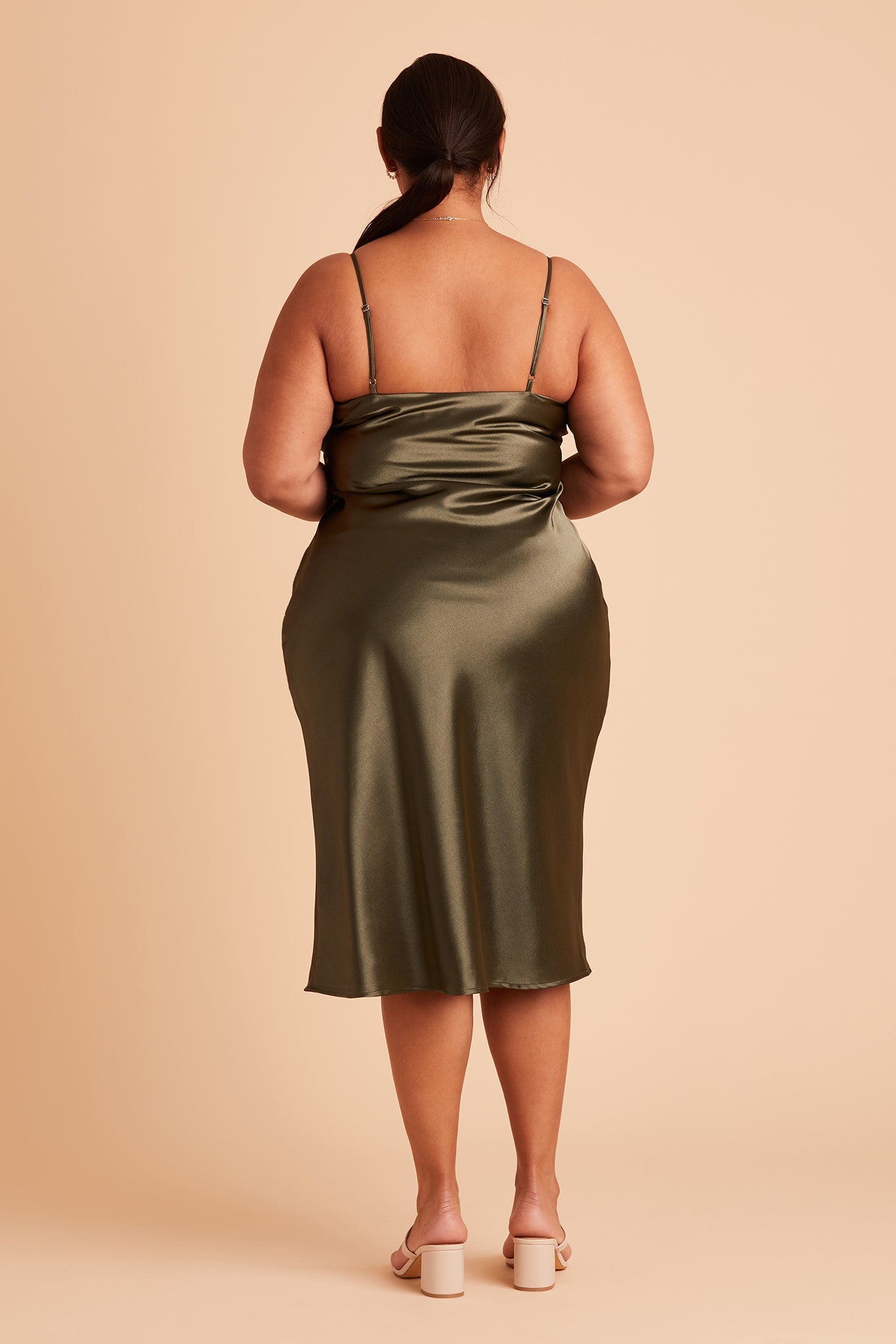 Lisa midi plus size bridesmaid dress in olive satin by Birdy Grey, back view
