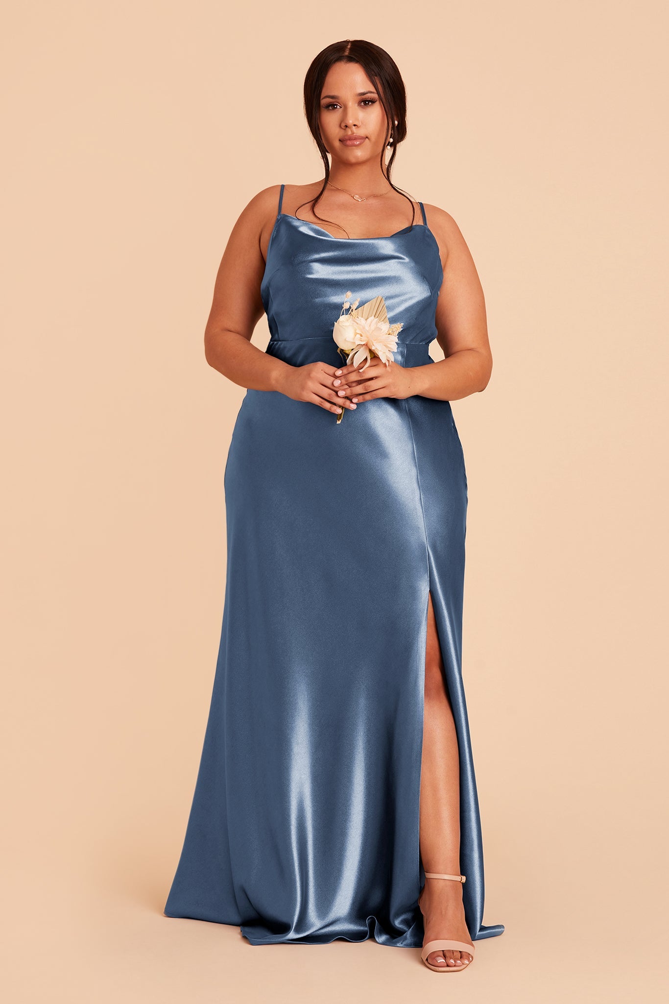Lisa plus size bridesmaid dress with slit in twilight satin by Birdy Grey, front view