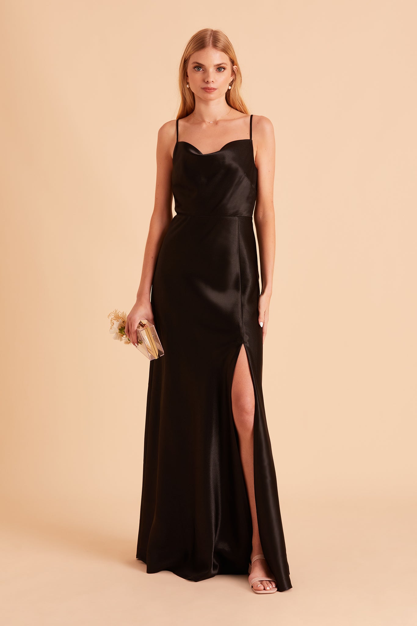 Lisa long bridesmaid dress with slit in black satin by Birdy Grey, front view