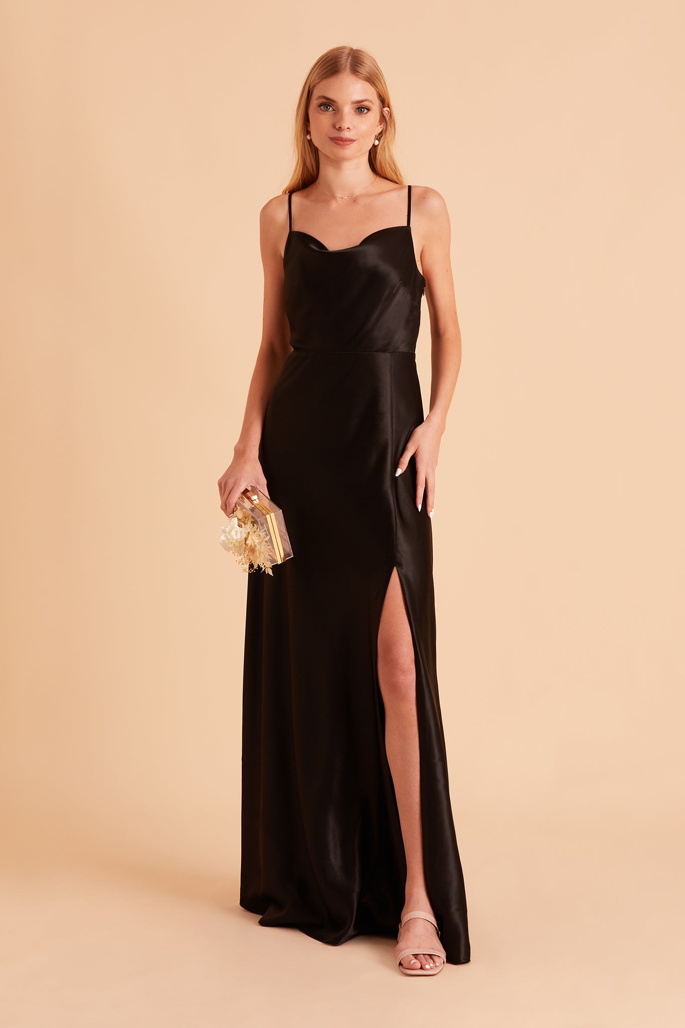 Lisa Long Satin Bridesmaid Dress in Black | Birdy Grey