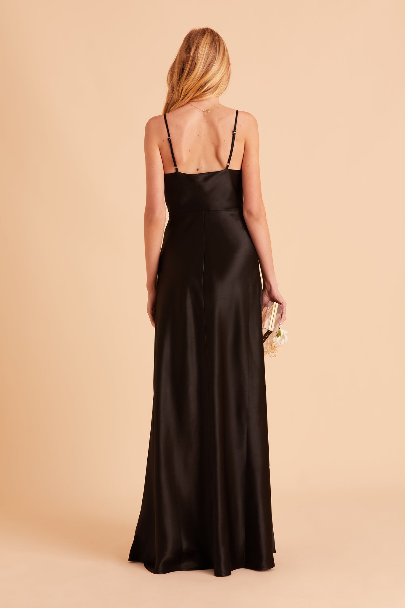 Lisa long bridesmaid dress with slit in black satin by Birdy Grey, back view