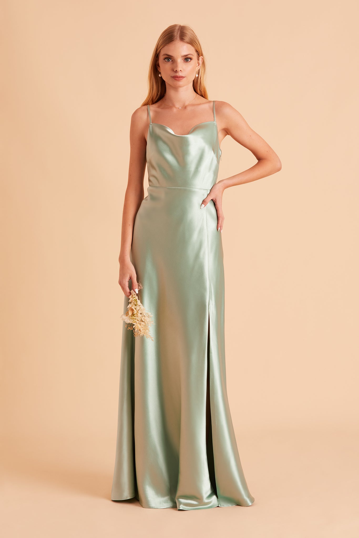 Lisa long bridesmaid dress with slit in sage green satin by Birdy Grey, front view