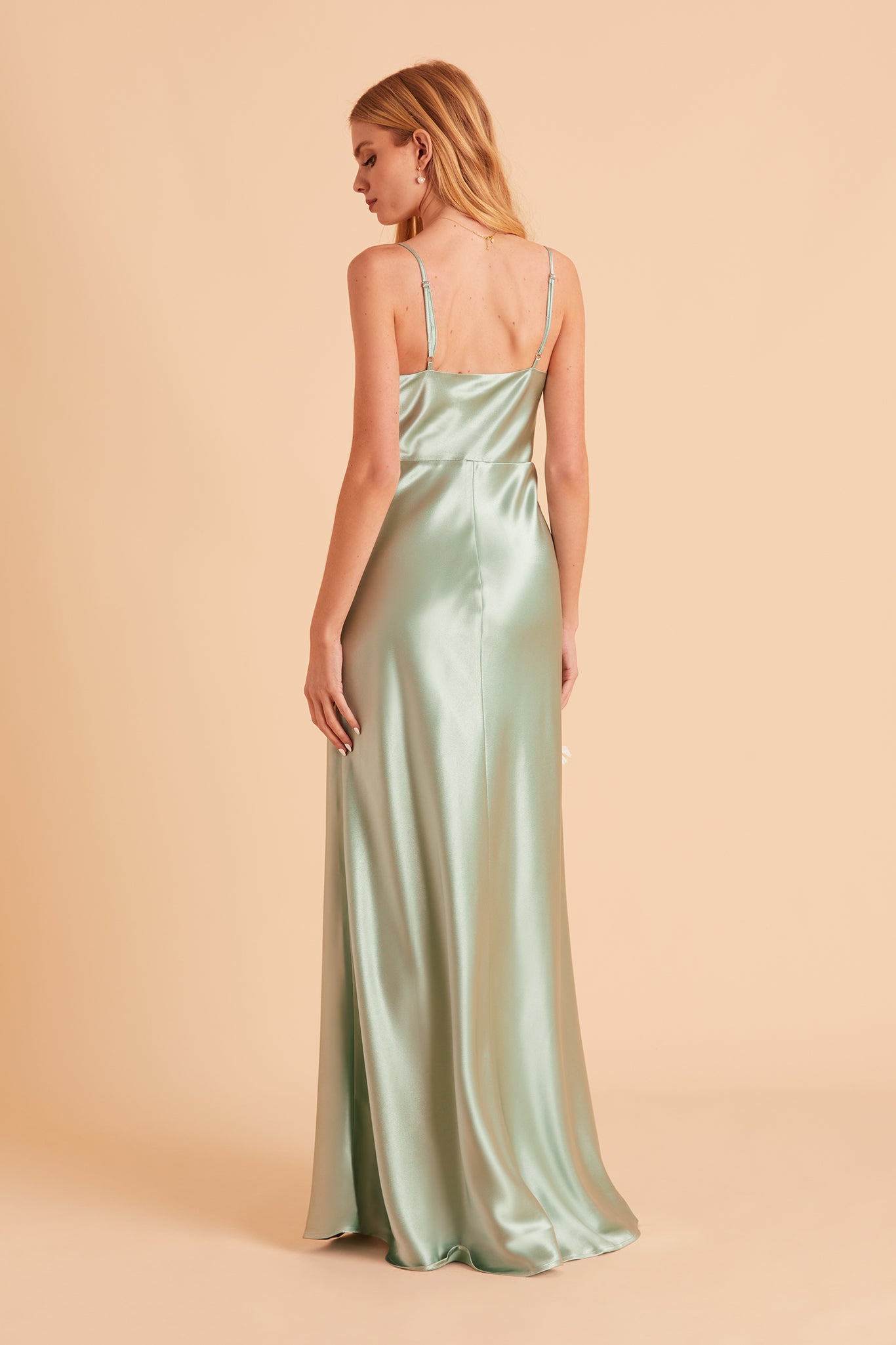 Lisa long bridesmaid dress with slit in sage green satin by Birdy Grey, back view