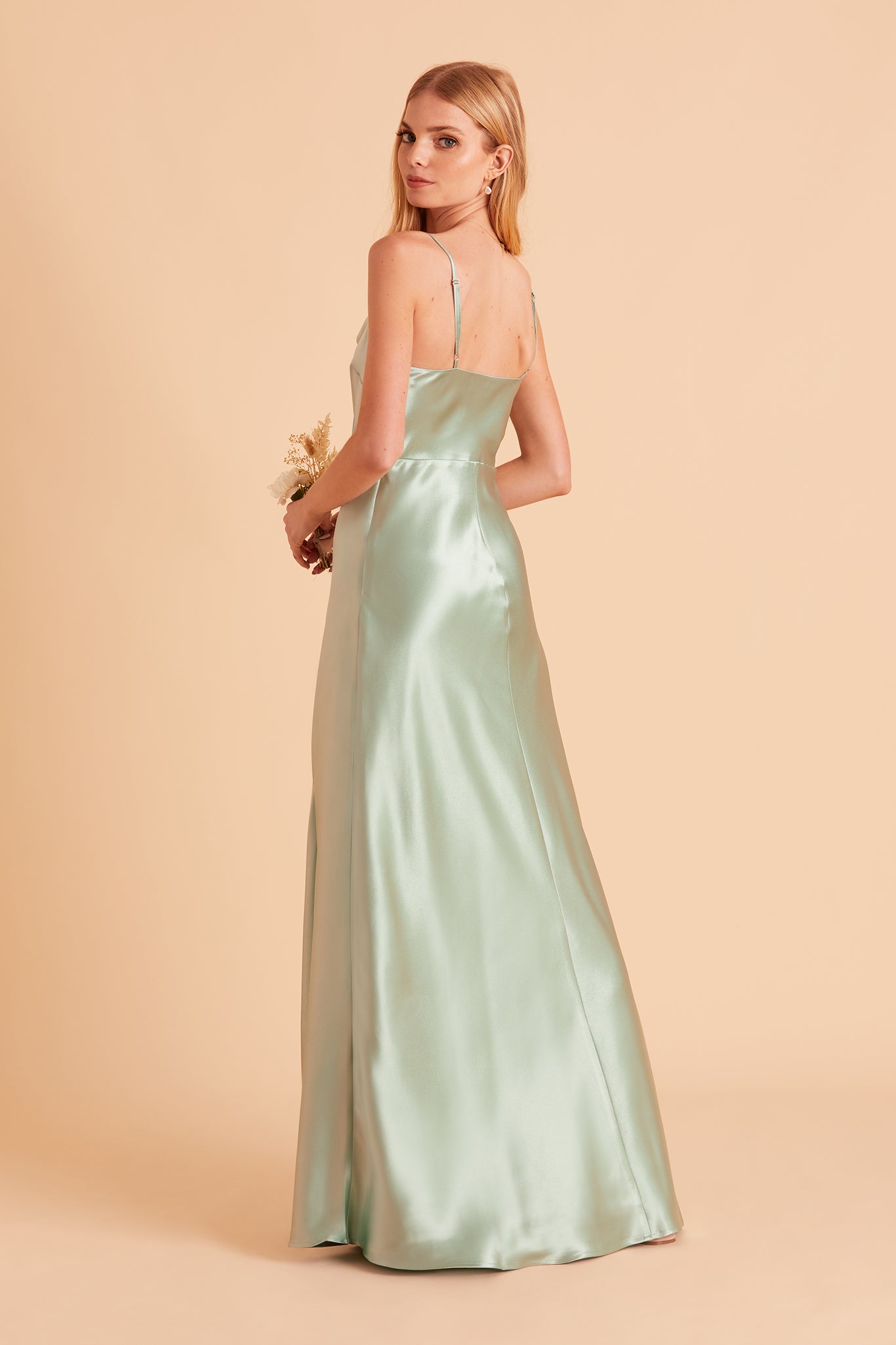 Lisa long bridesmaid dress with slit in sage green satin by Birdy Grey, side view