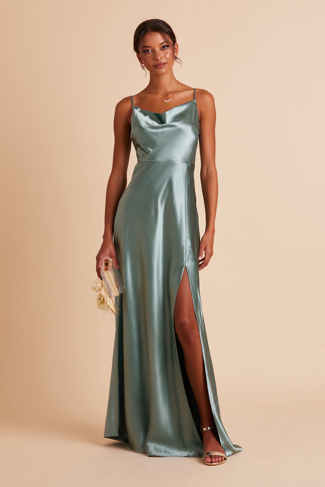 Lisa bridesmaid dress with slit in sea glass green satin by Birdy Grey, front view