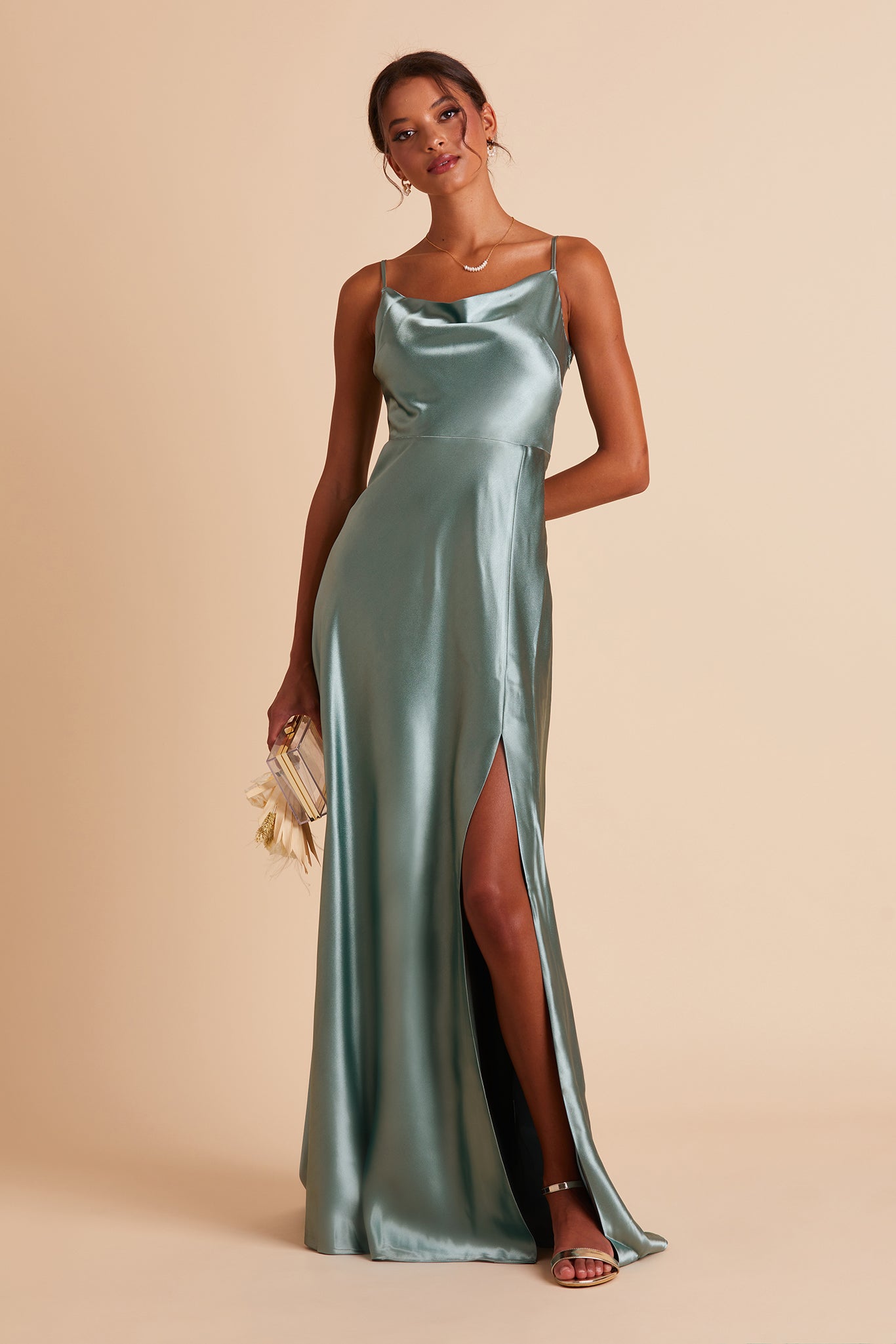 Lisa bridesmaid dress with slit in sea glass green satin by Birdy Grey, front view