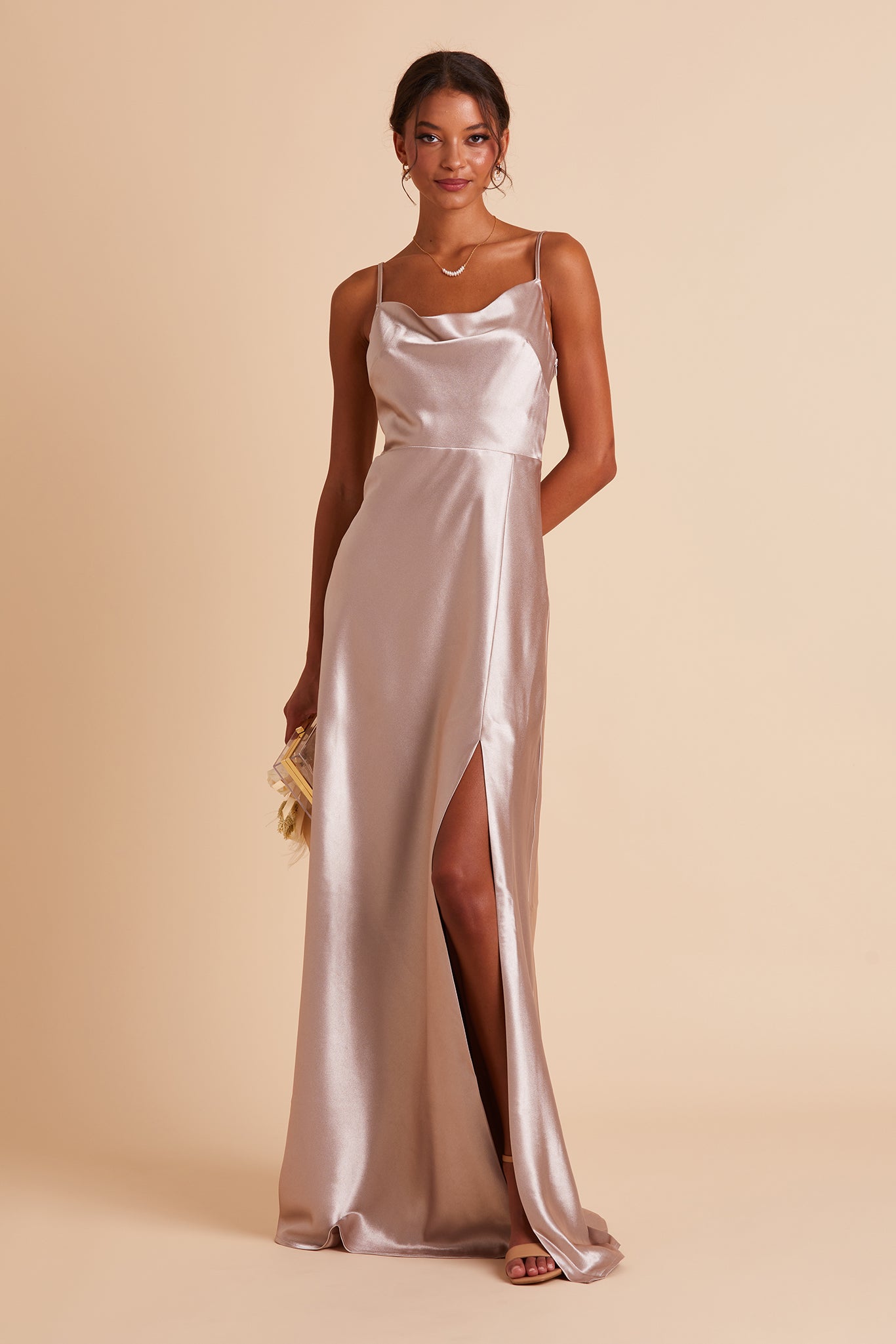 Taupe Lisa Long Satin Dress by Birdy Grey