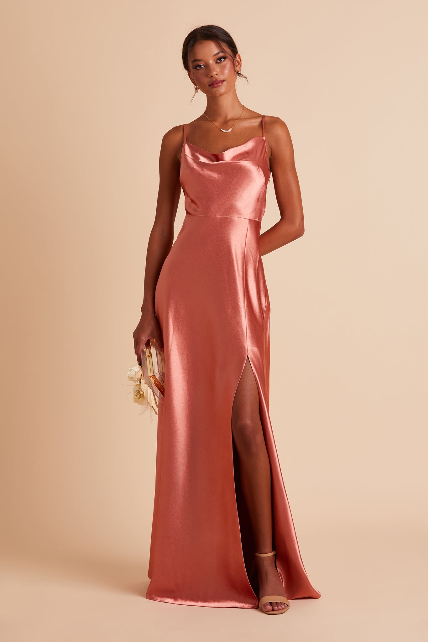 Lisa bridesmaid dress with slit in terracotta satin by Birdy Grey, front view