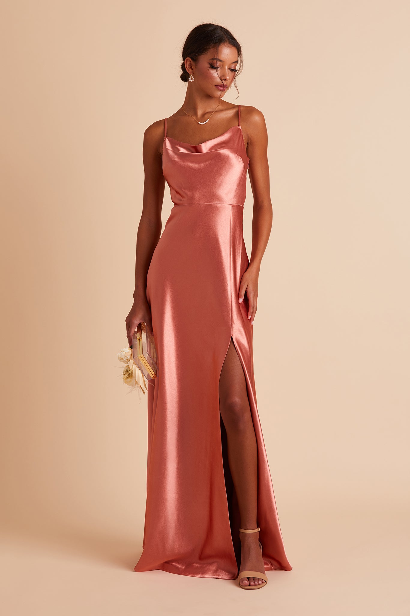 Lisa bridesmaid dress with slit in terracotta satin by Birdy Grey, front view