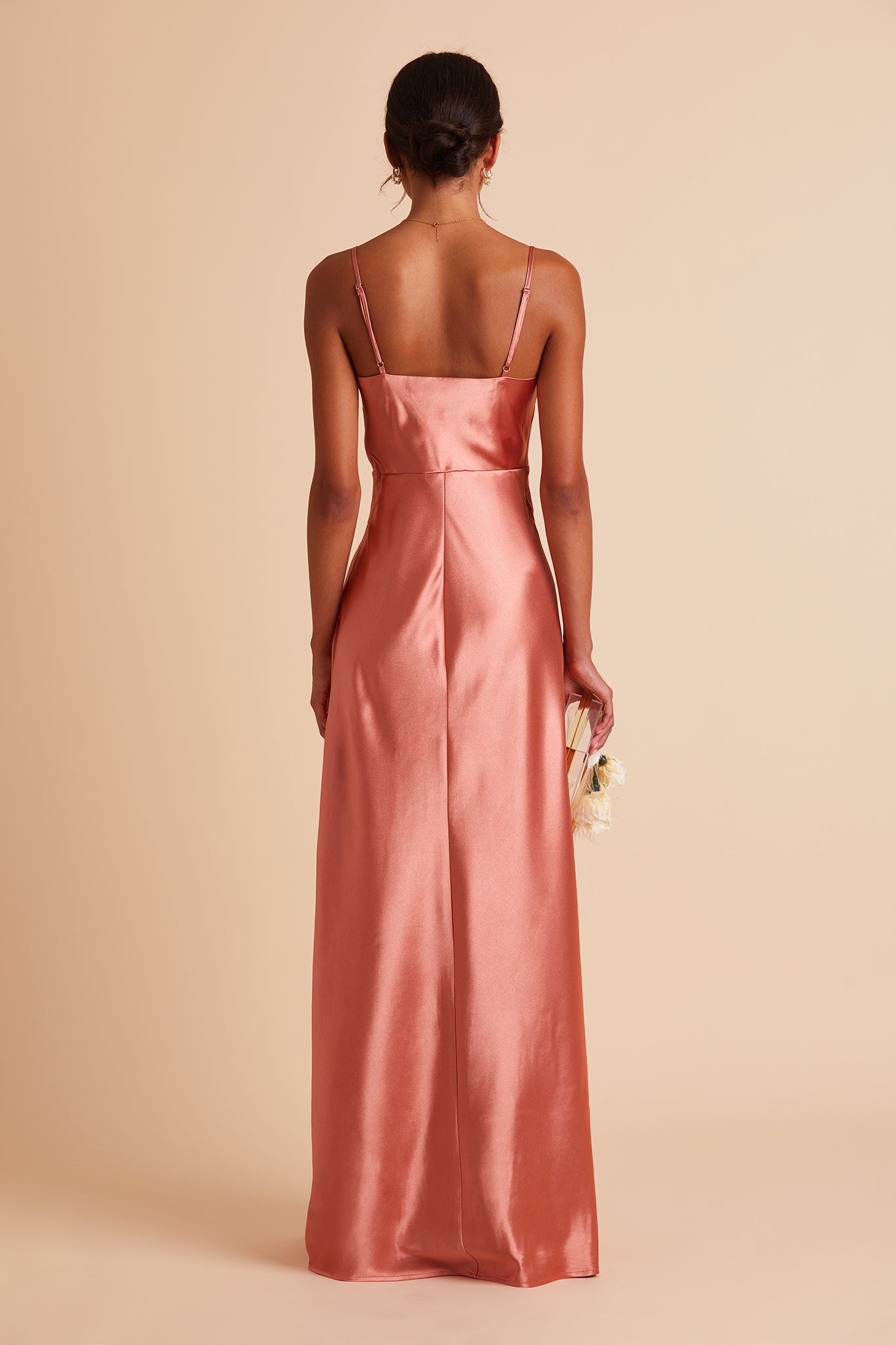 Lisa bridesmaid dress with slit in terracotta satin by Birdy Grey, back view