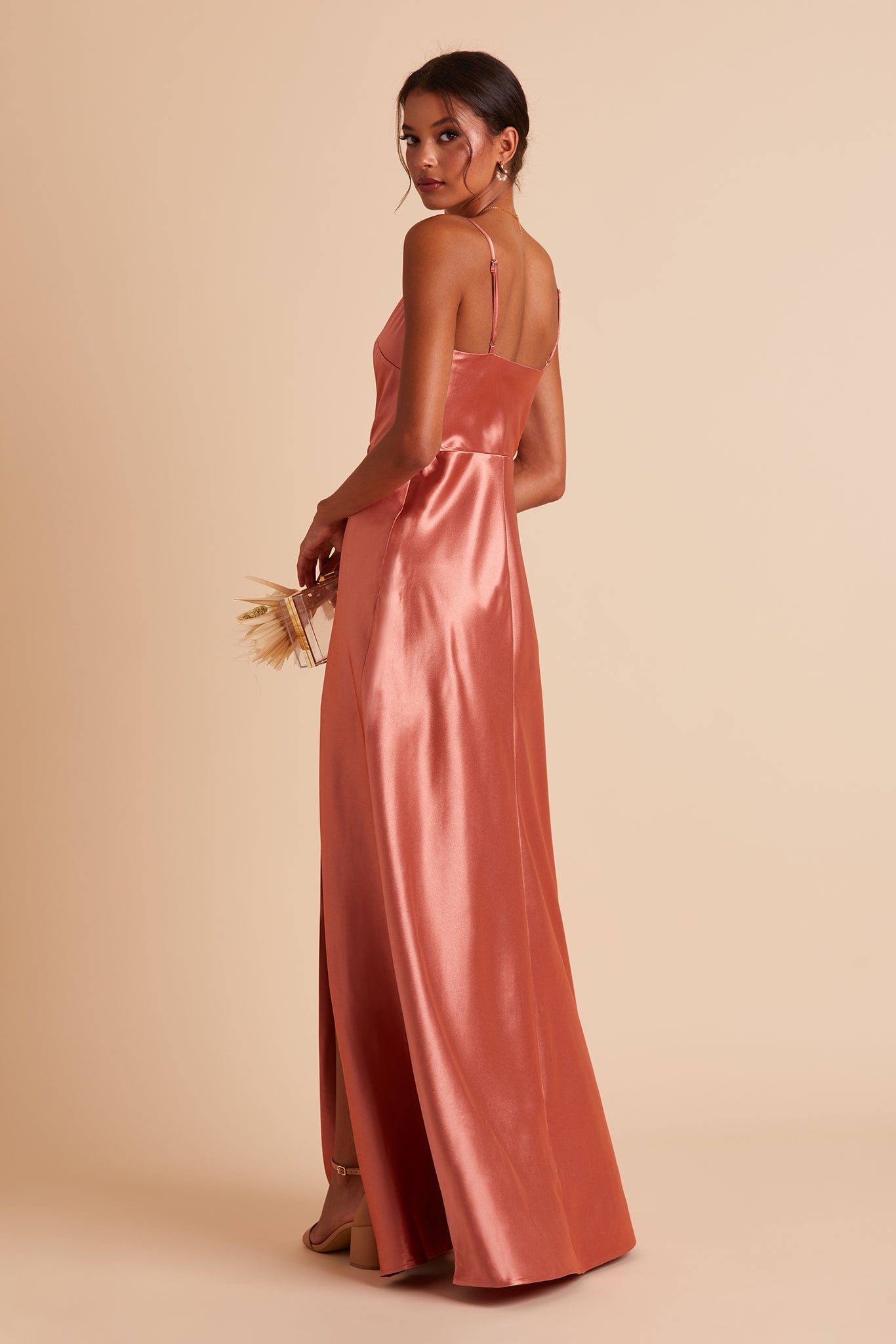 Lisa bridesmaid dress with slit in terracotta satin by Birdy Grey, side view