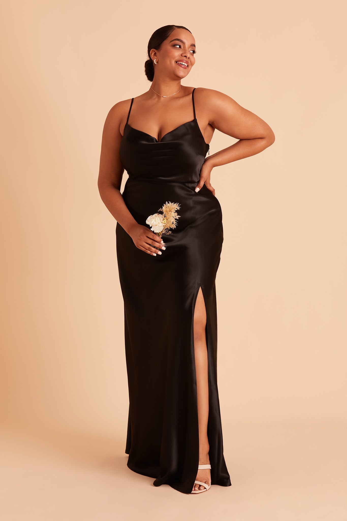 Lisa long plus size bridesmaid dress with slit in black satin by Birdy Grey, front view