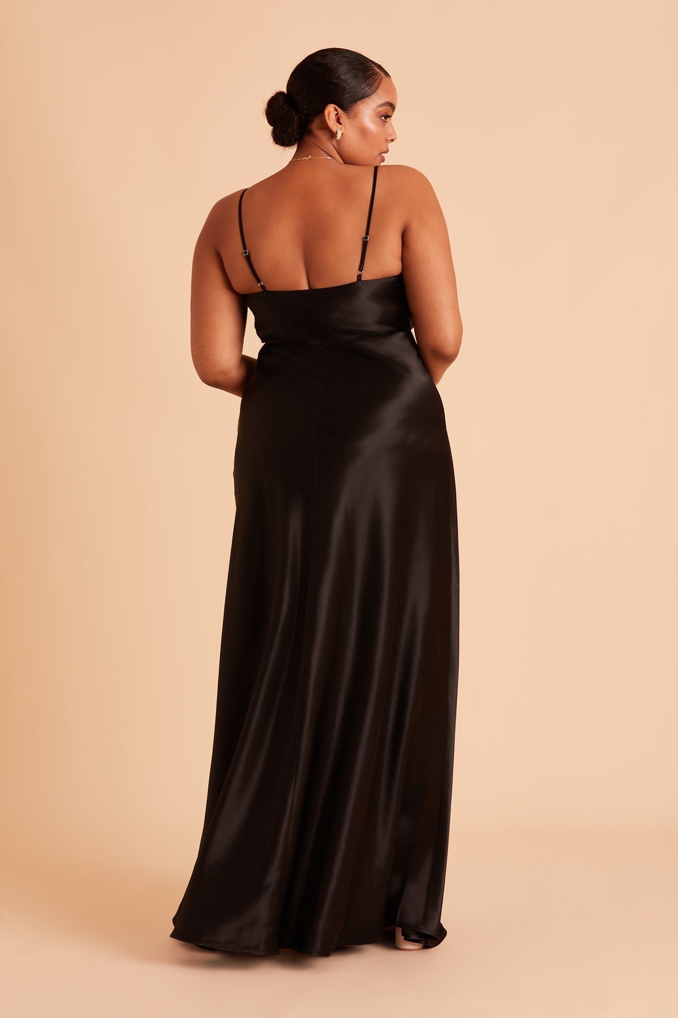 Lisa long plus size bridesmaid dress with slit in black satin by Birdy Grey, back view
