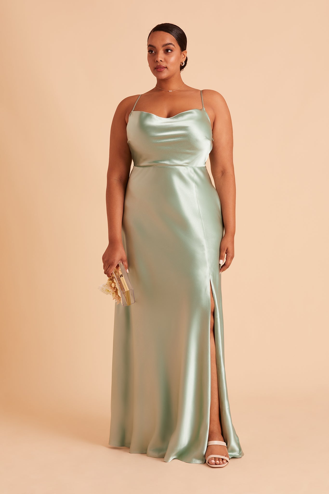 Lisa long plus size bridesmaid dress with slit in sage green satin by Birdy Grey, front view