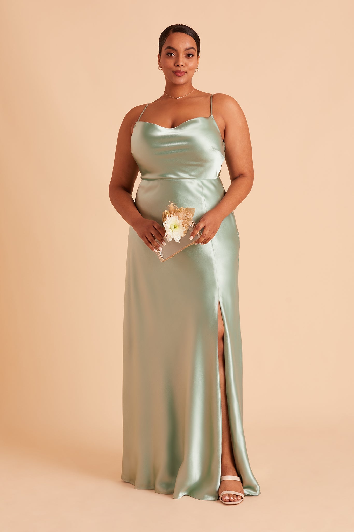 Lisa long plus size bridesmaid dress with slit in sage green satin by Birdy Grey, front view
